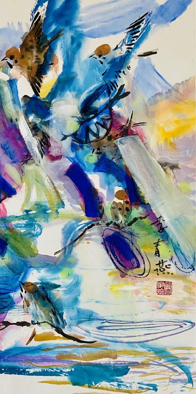 A painting of birds flying over a body of water.