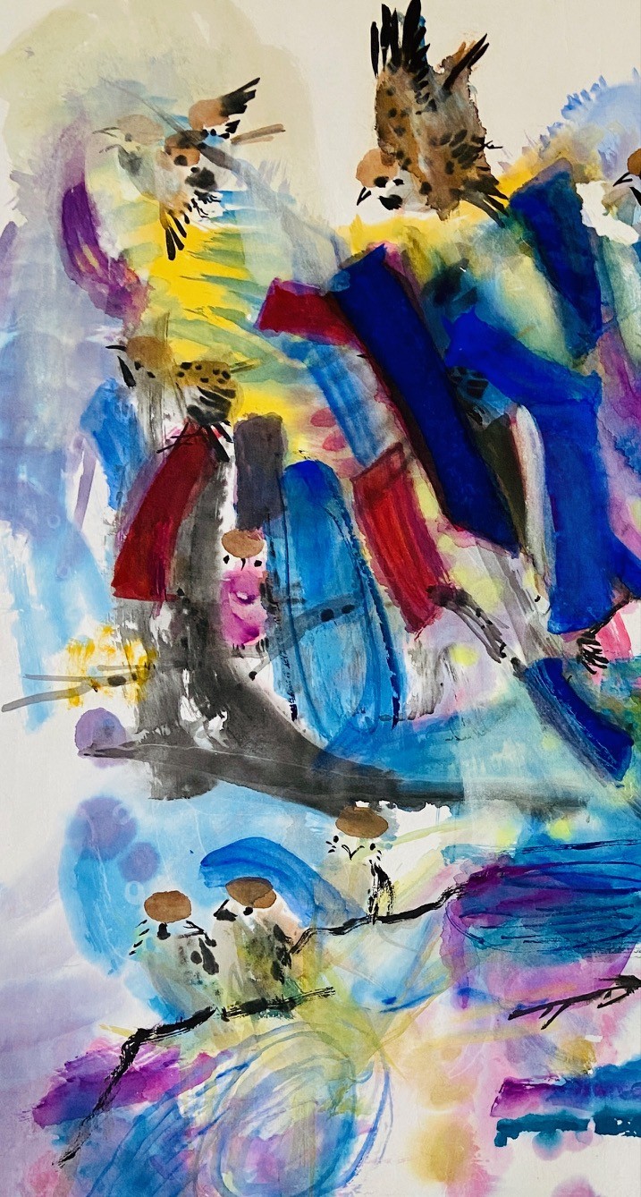 A painting of birds flying over a body of water.