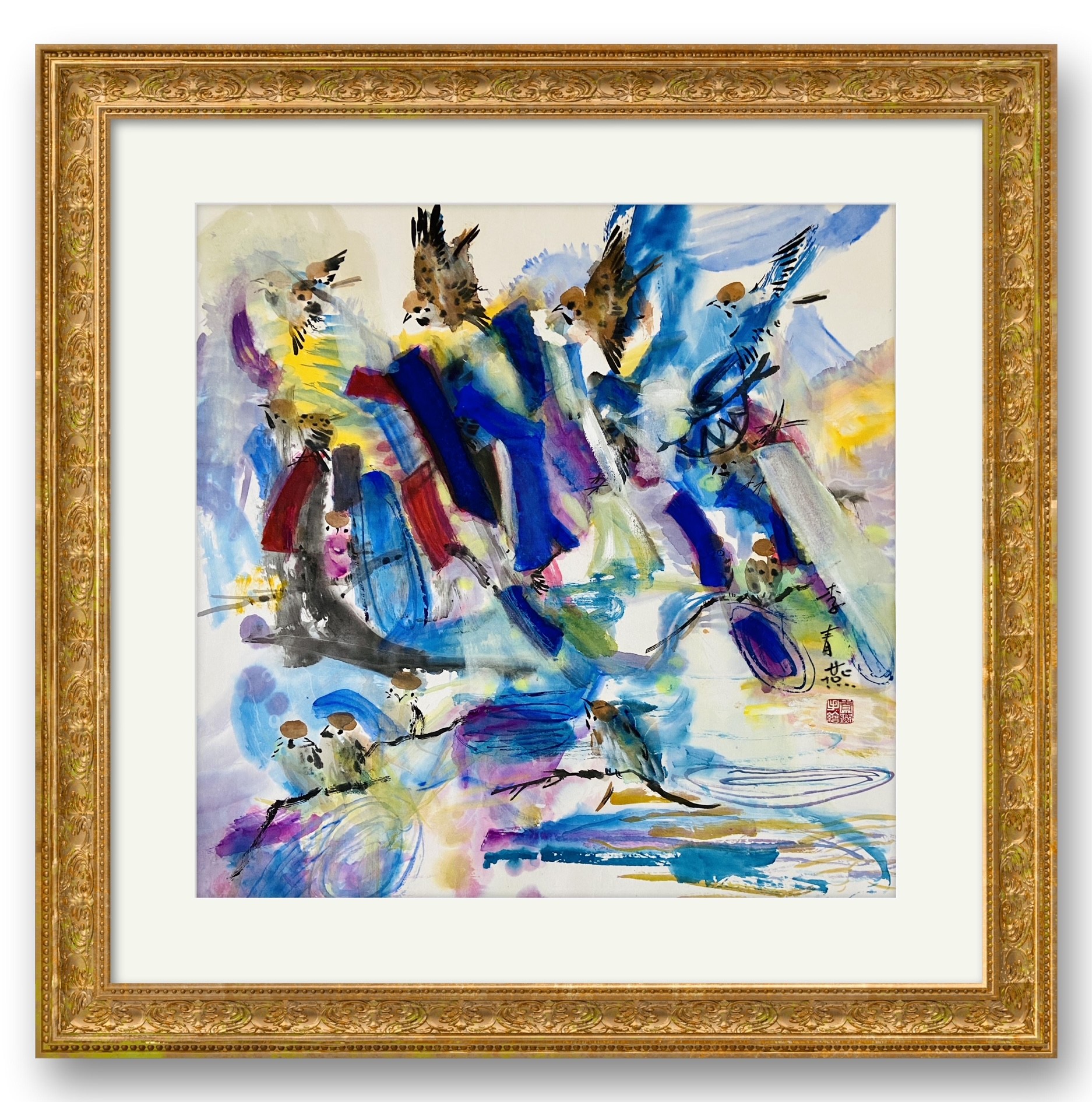 A painting of birds flying over a body of water.