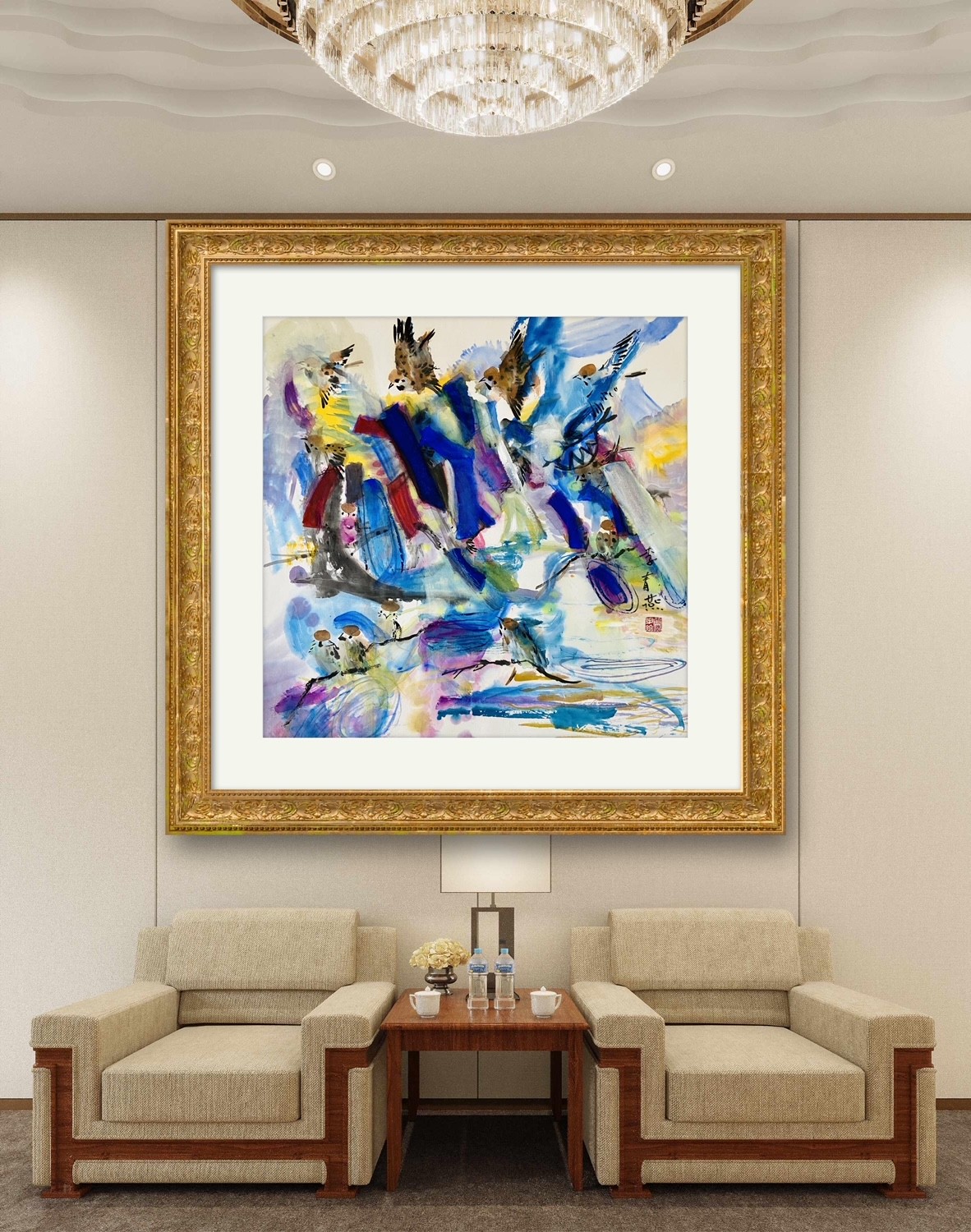 A painting of birds flying over a body of water.