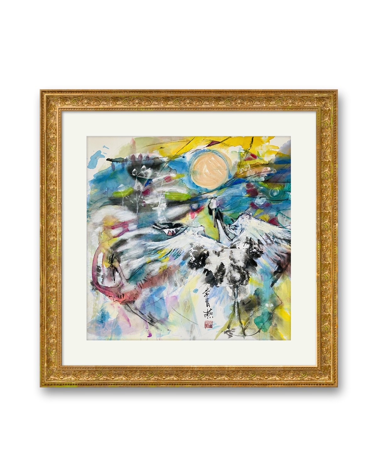 A modern living room features a large abstract painting in an ornate frame above a white sofa and two armchairs.
