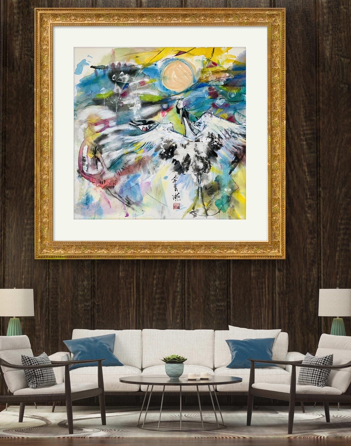 A modern living room features a large abstract painting in an ornate frame above a white sofa and two armchairs.