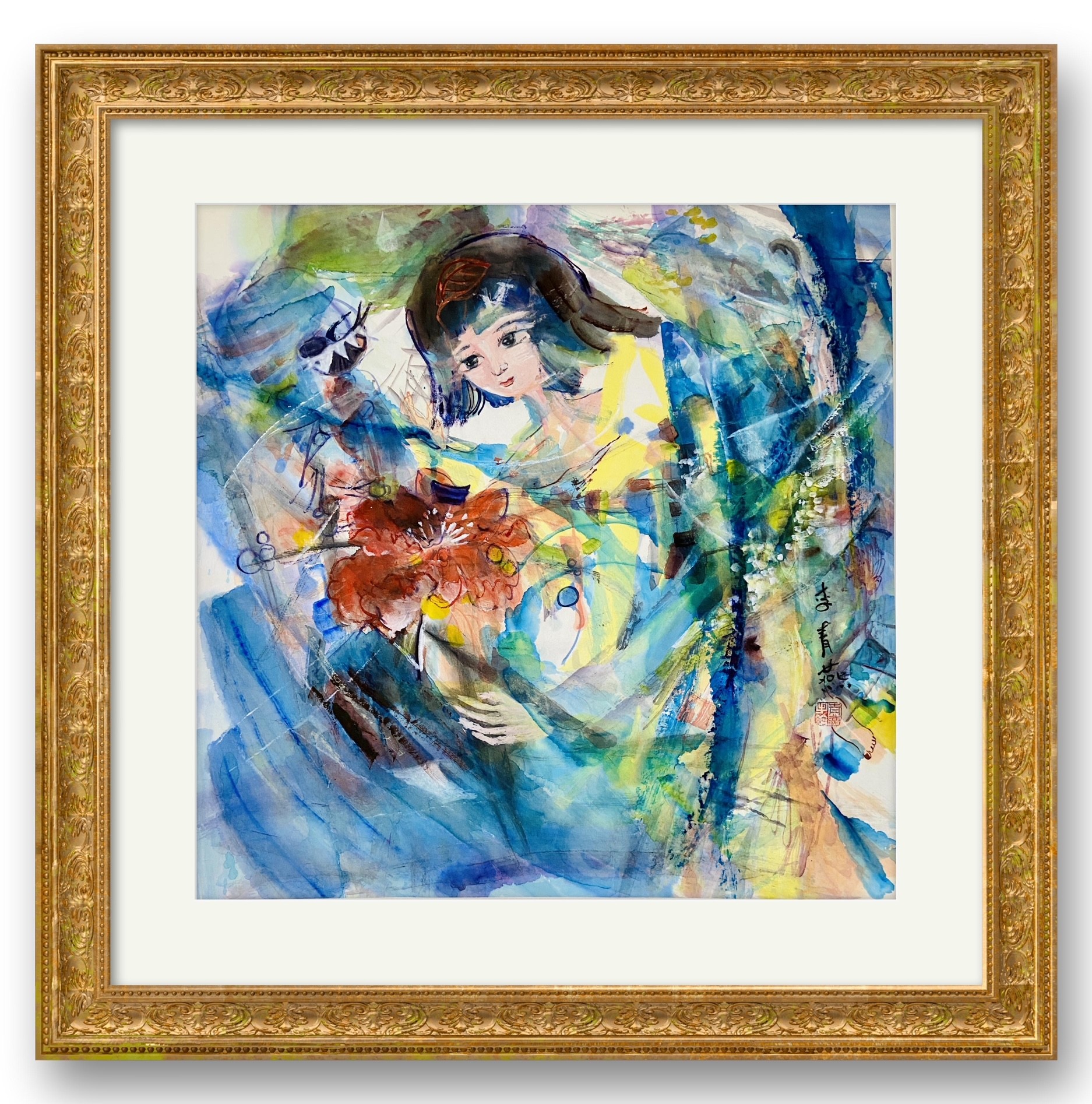 A painting hanging on a wall above a couch in a living room.