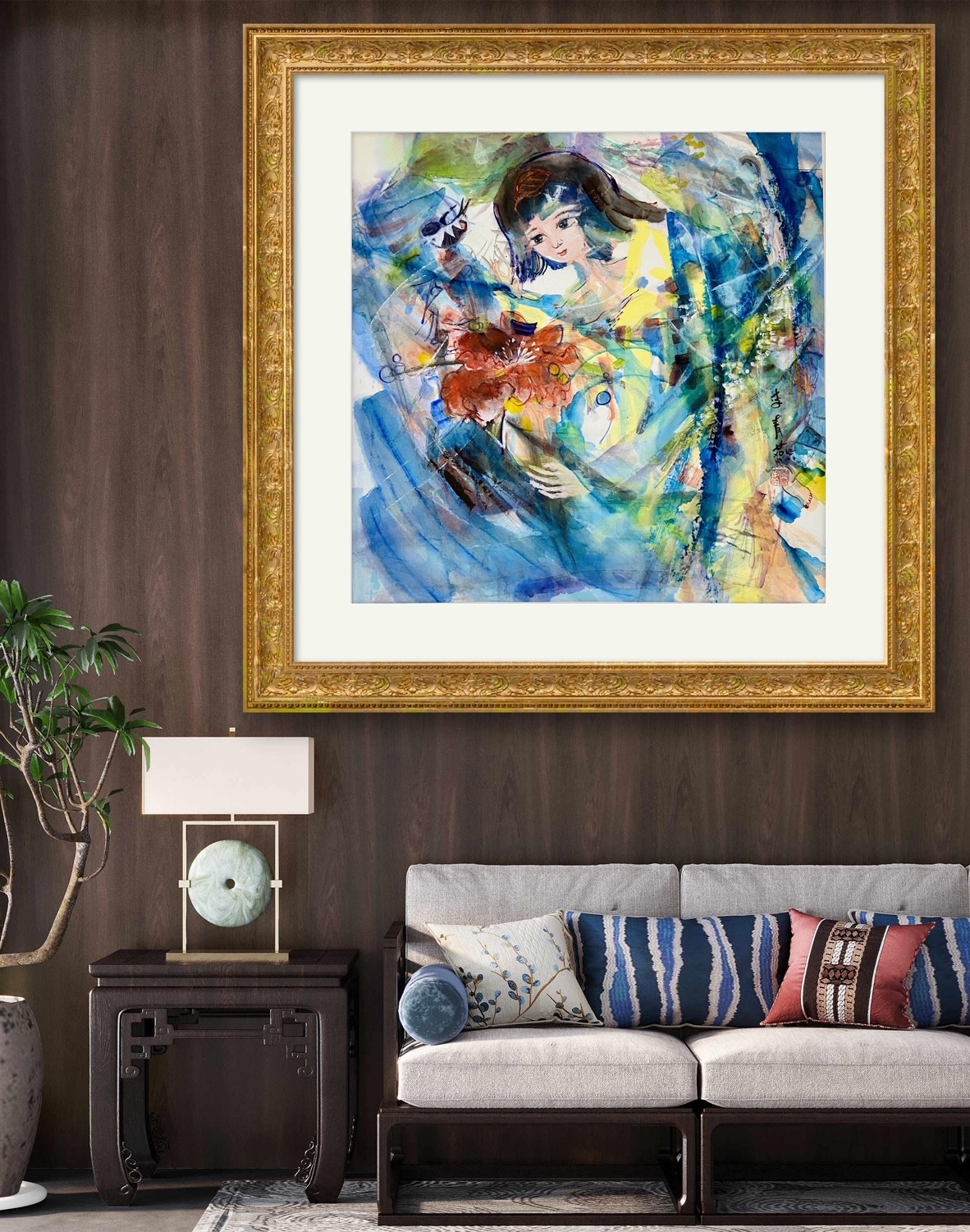 A painting hanging on a wall above a couch in a living room.