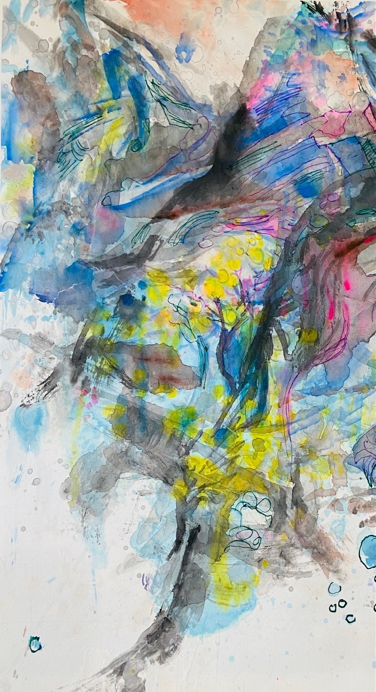 An abstract expressionist work featuring dynamic ink washes and splatters of vivid color.