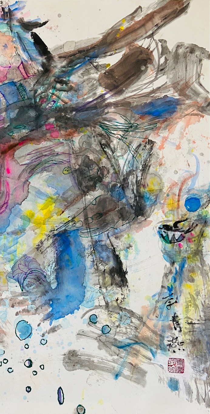 An abstract expressionist work featuring dynamic ink washes and splatters of vivid color.