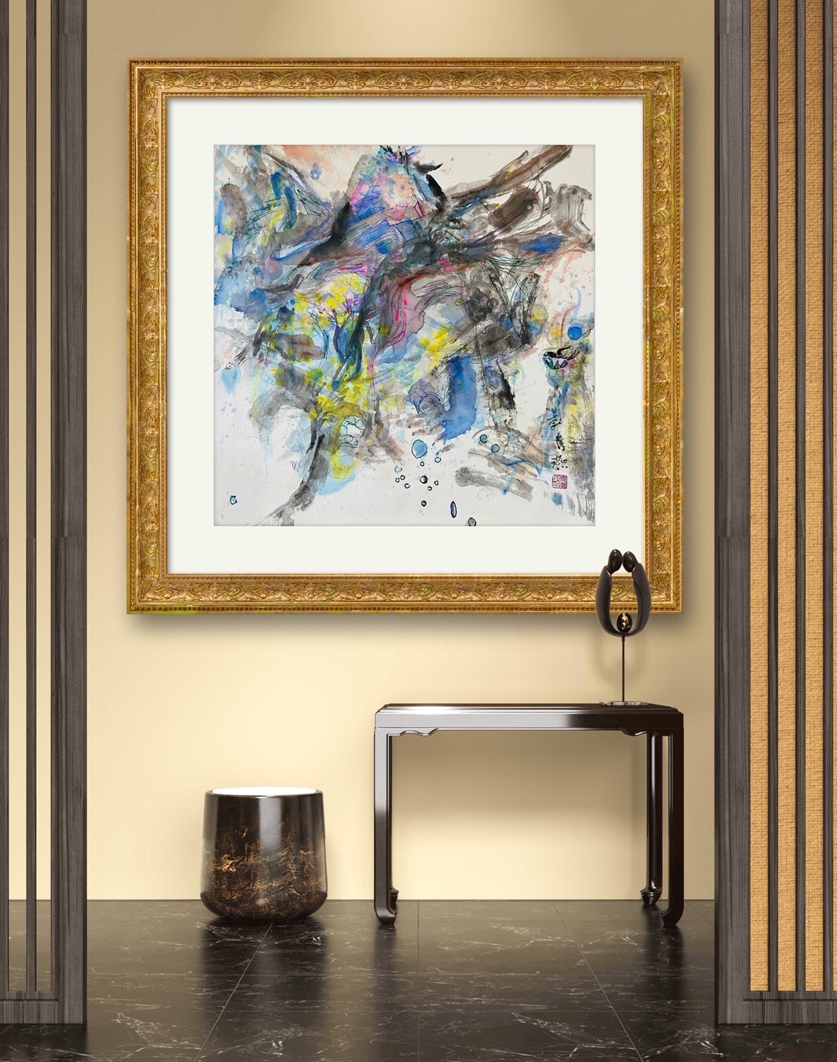 An abstract expressionist work featuring dynamic ink washes and splatters of vivid color.