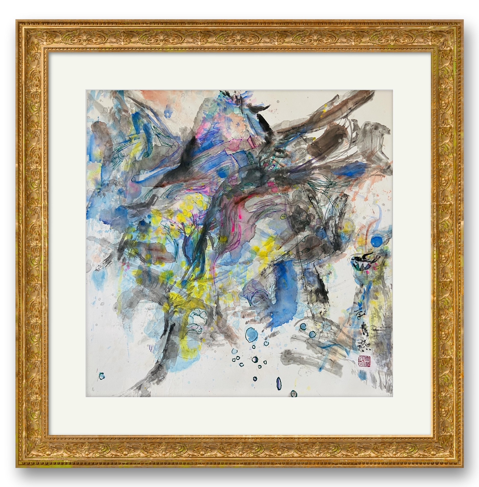 An abstract expressionist work featuring dynamic ink washes and splatters of vivid color.