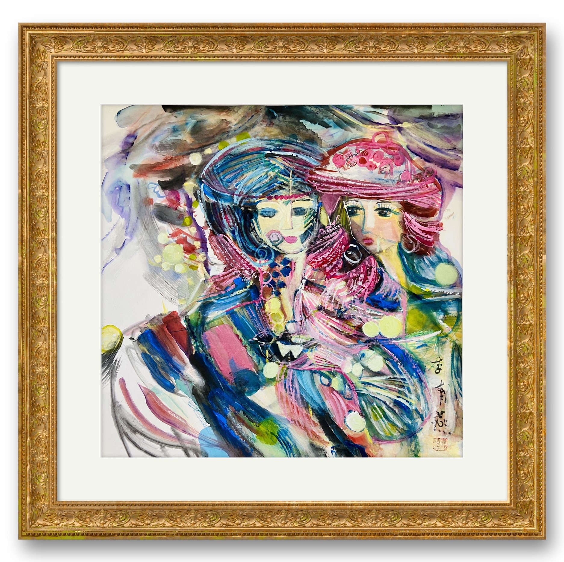 A painting of two women in a gold frame.