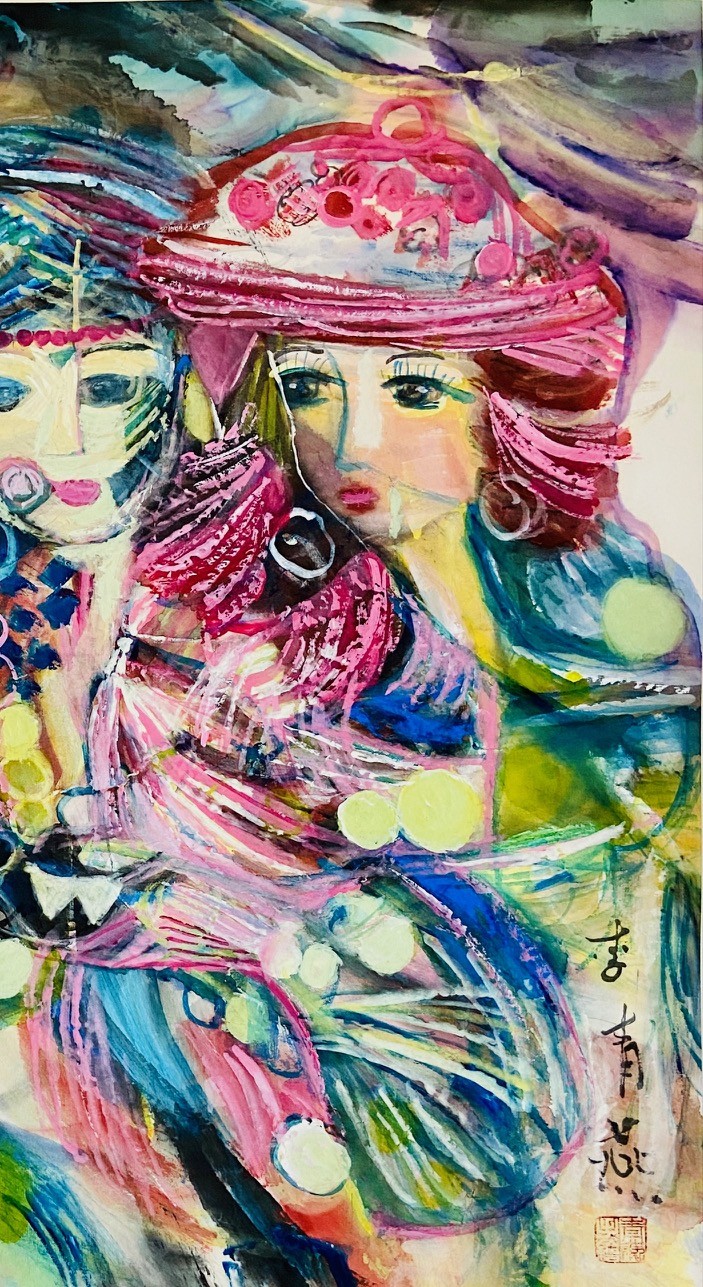 A painting of two women in a gold frame.