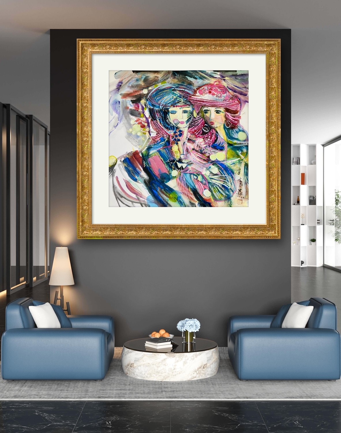 A painting of two women in a gold frame.