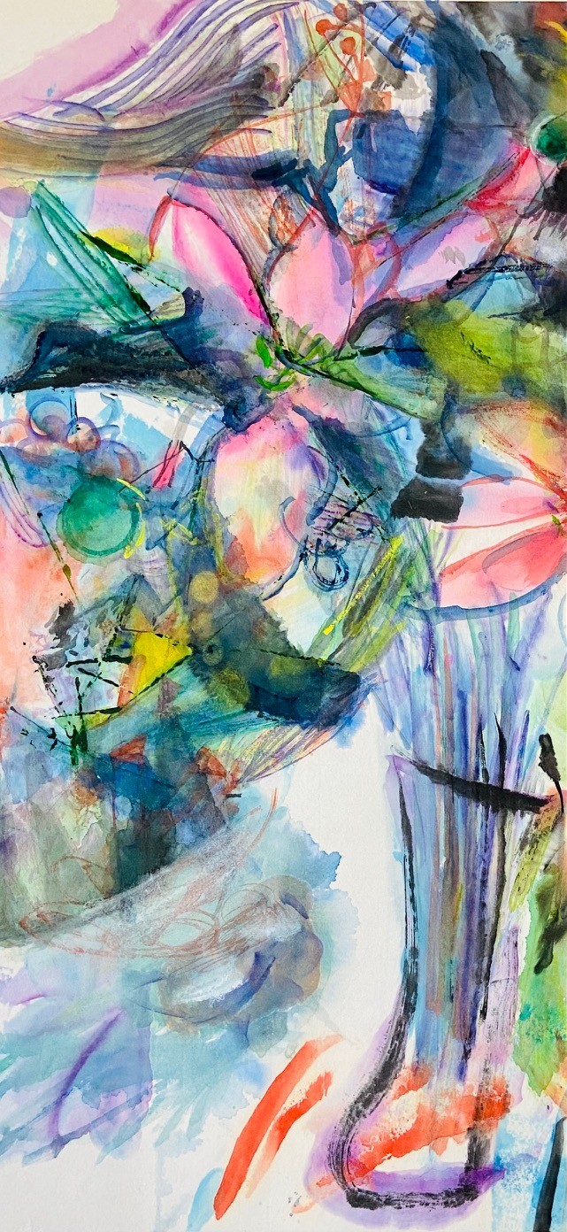 A vibrant, abstract watercolor portrait of a figure in traditional dress surrounded by swirling colors and floral elements.