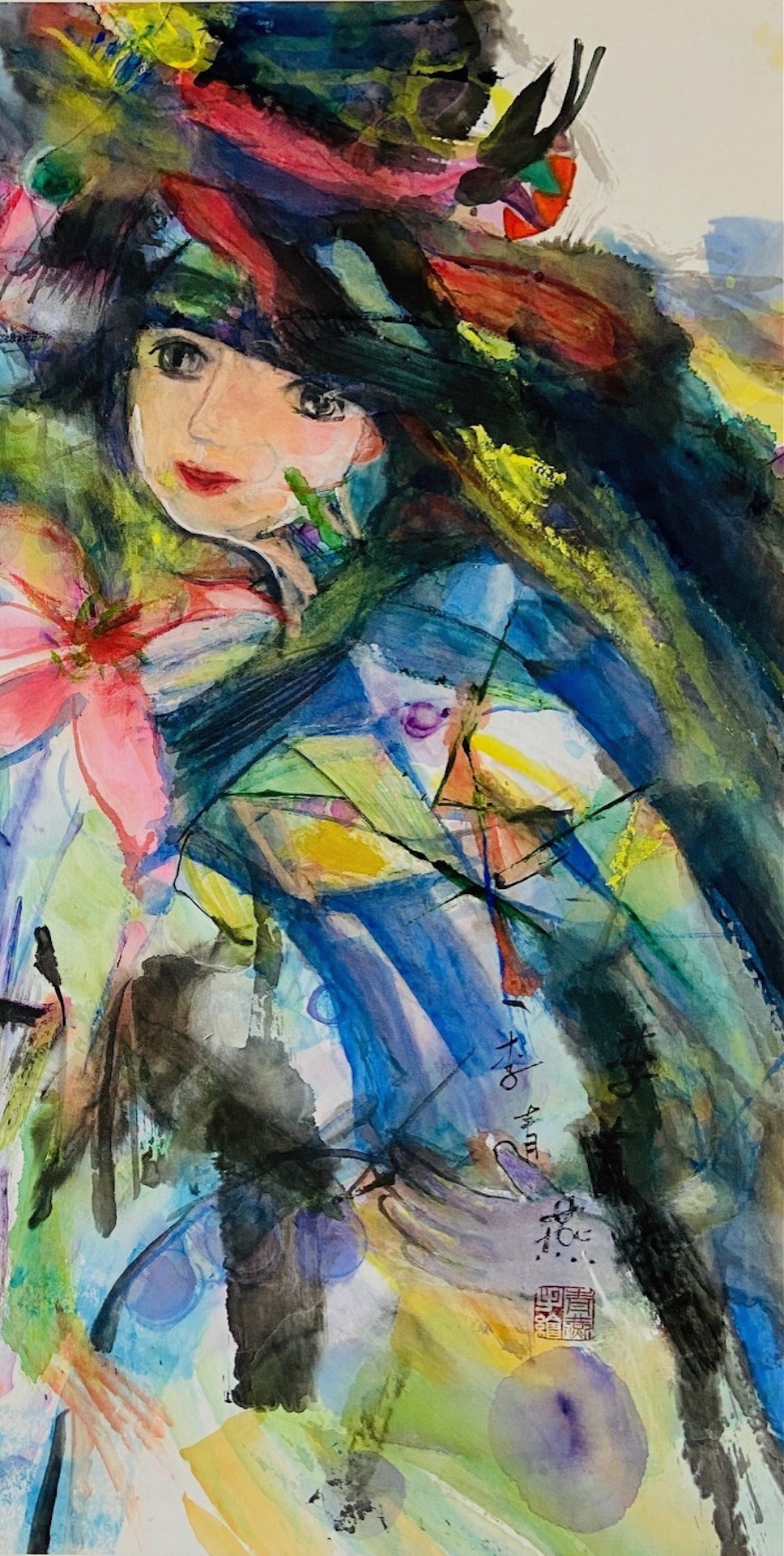 A vibrant, abstract watercolor portrait of a figure in traditional dress surrounded by swirling colors and floral elements.