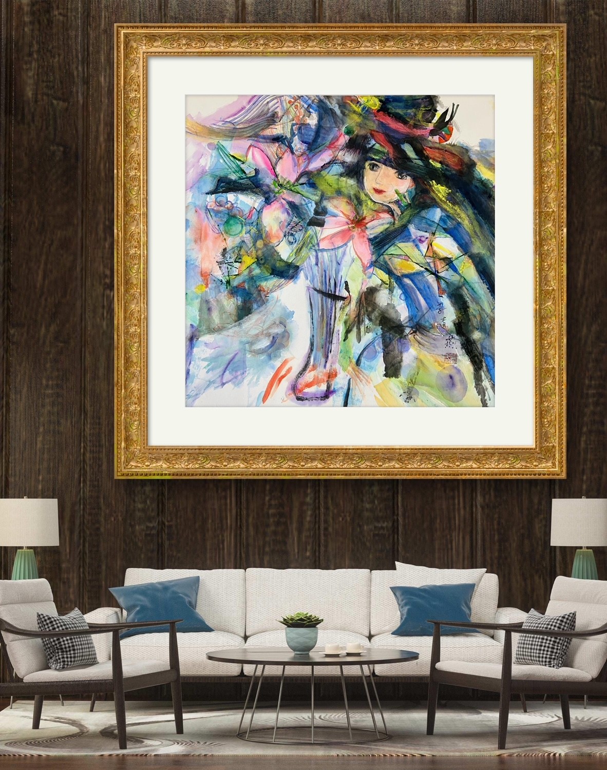 A vibrant, abstract watercolor portrait of a figure in traditional dress surrounded by swirling colors and floral elements.