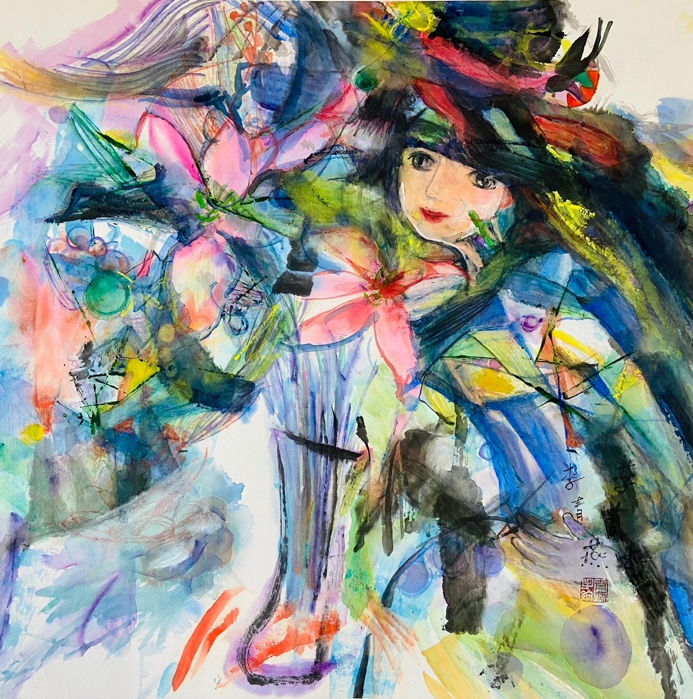 A vibrant, abstract watercolor portrait of a figure in traditional dress surrounded by swirling colors and floral elements.