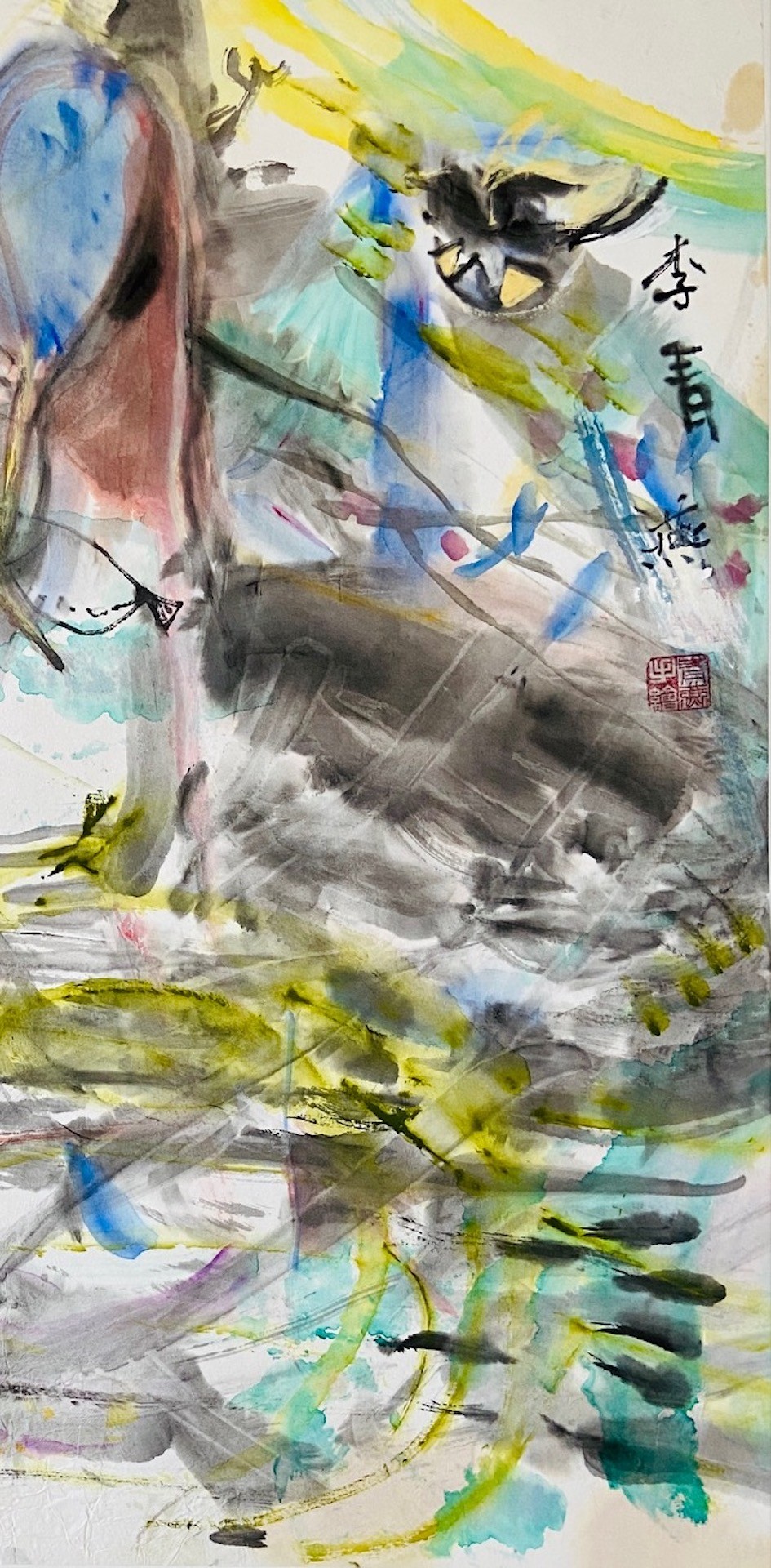 A dynamic ink and wash painting featuring a horse in motion amidst abstract foliage.