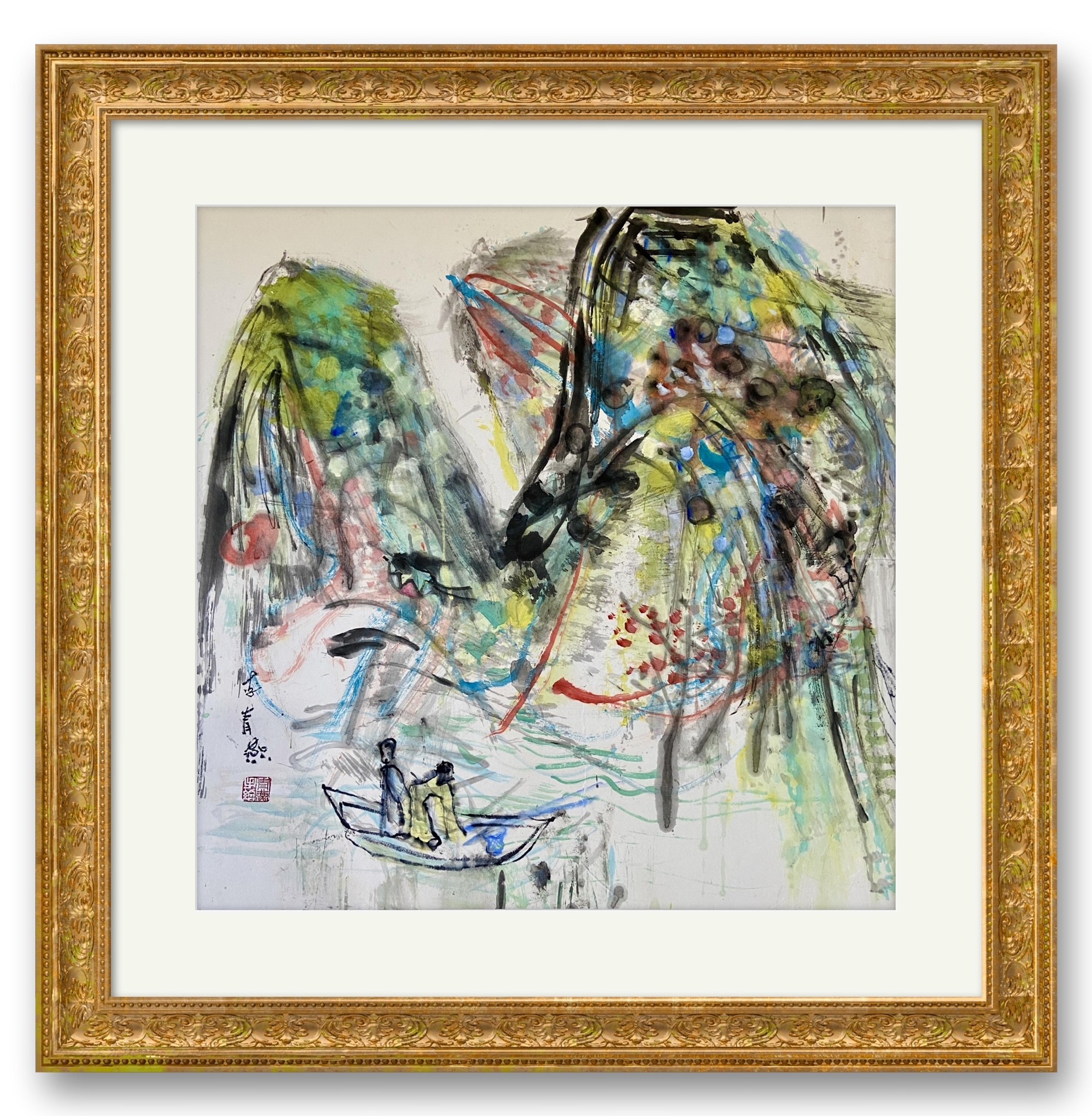 A vibrant, abstract portrait of a figure with a small boat scene integrated into the face.