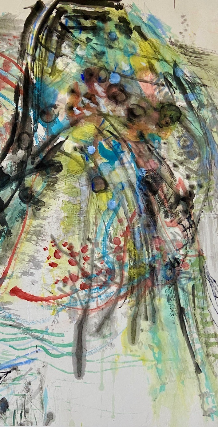 A vibrant, abstract portrait of a figure with a small boat scene integrated into the face.