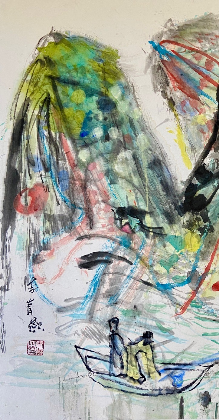A vibrant, abstract portrait of a figure with a small boat scene integrated into the face.