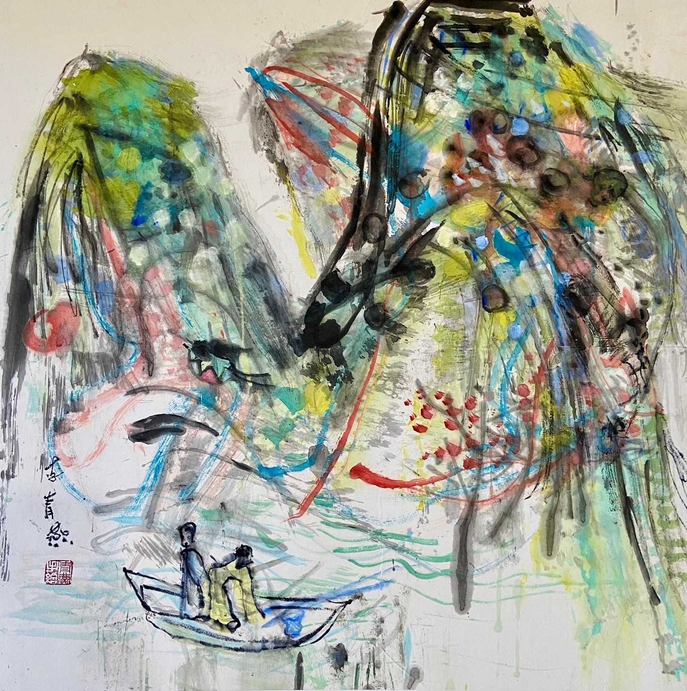 A vibrant, abstract portrait of a figure with a small boat scene integrated into the face.
