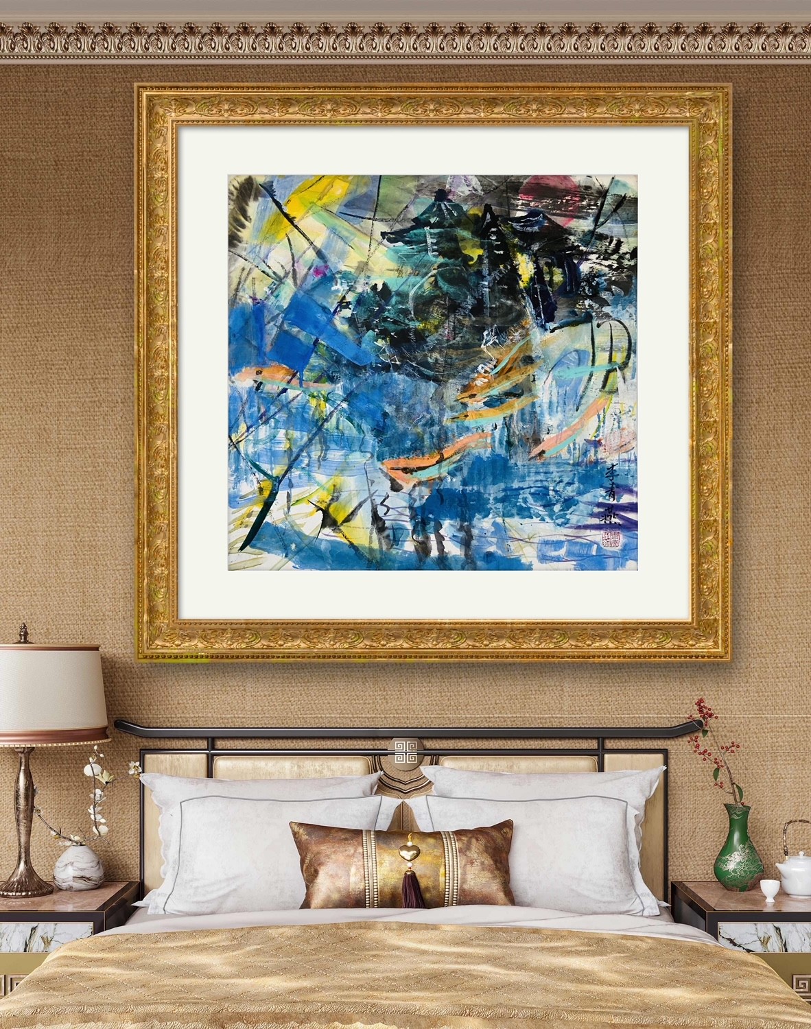 A painting hanging above a bed in a bedroom.