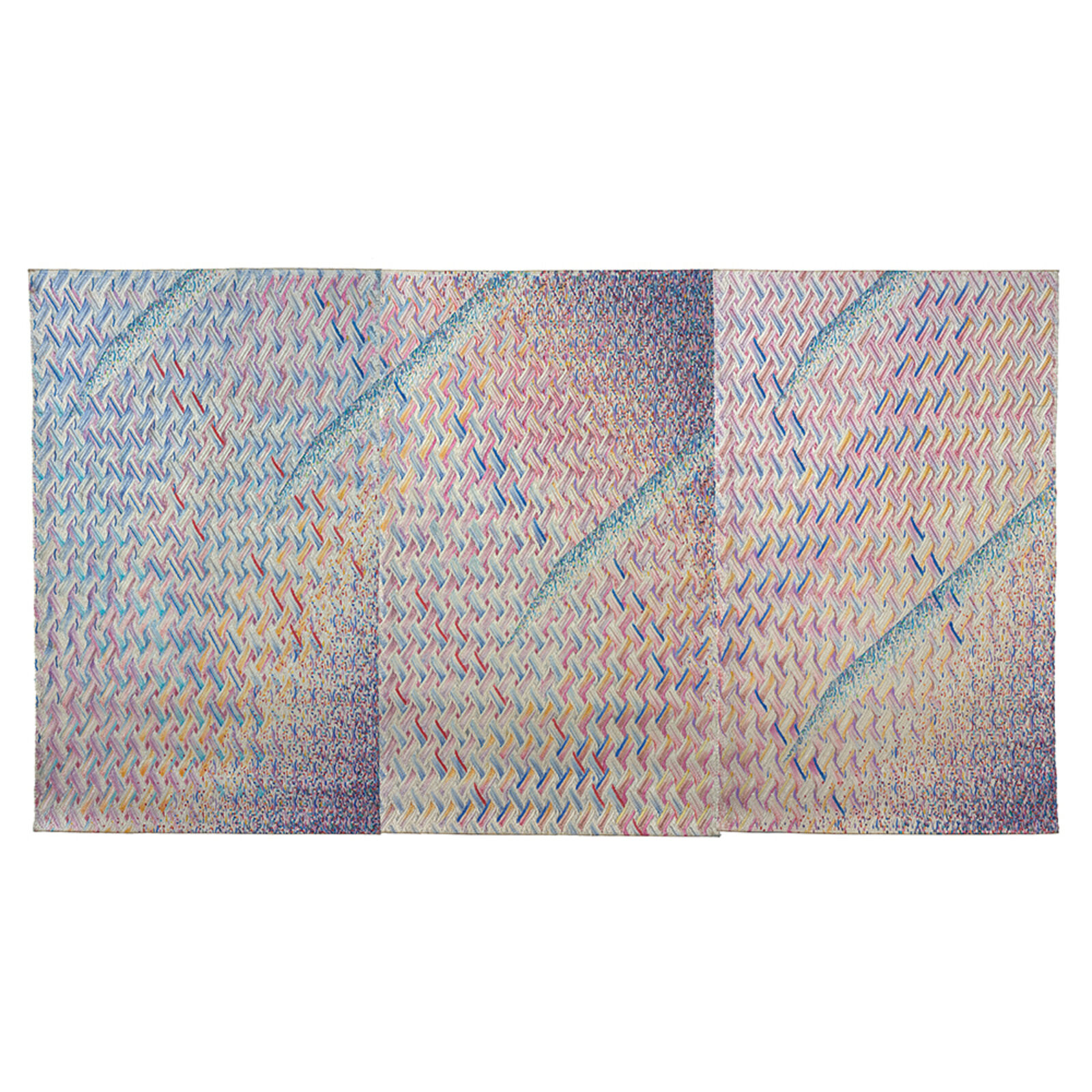 A colorful abstract textile featuring a woven chevron pattern with diagonal stripes and a gradient of pastel hues.