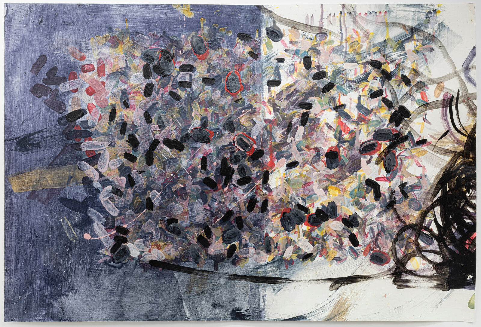 A chaotic abstract composition featuring a dense cluster of black shapes against a textured background.