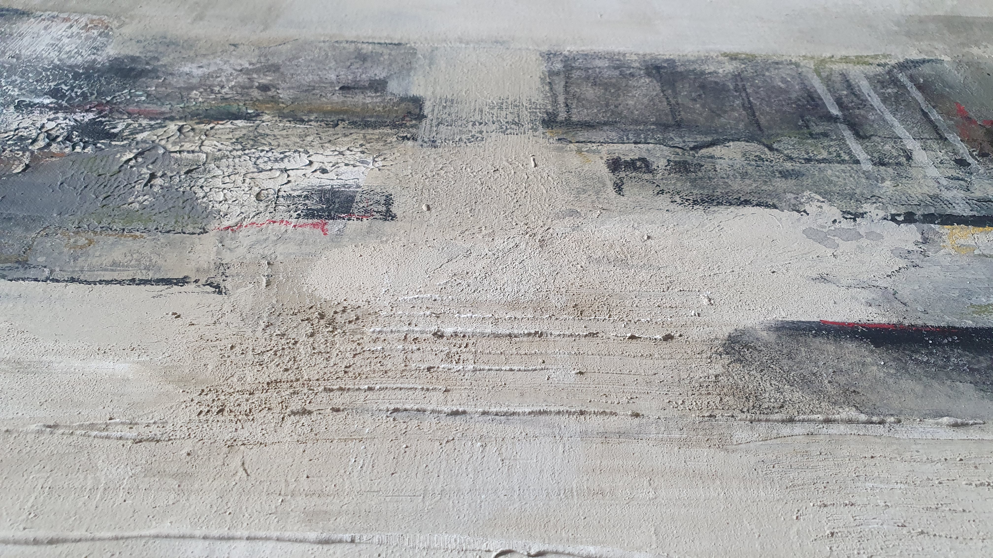 An abstract composition featuring layered horizontal bands of muted earth tones and textured surfaces.