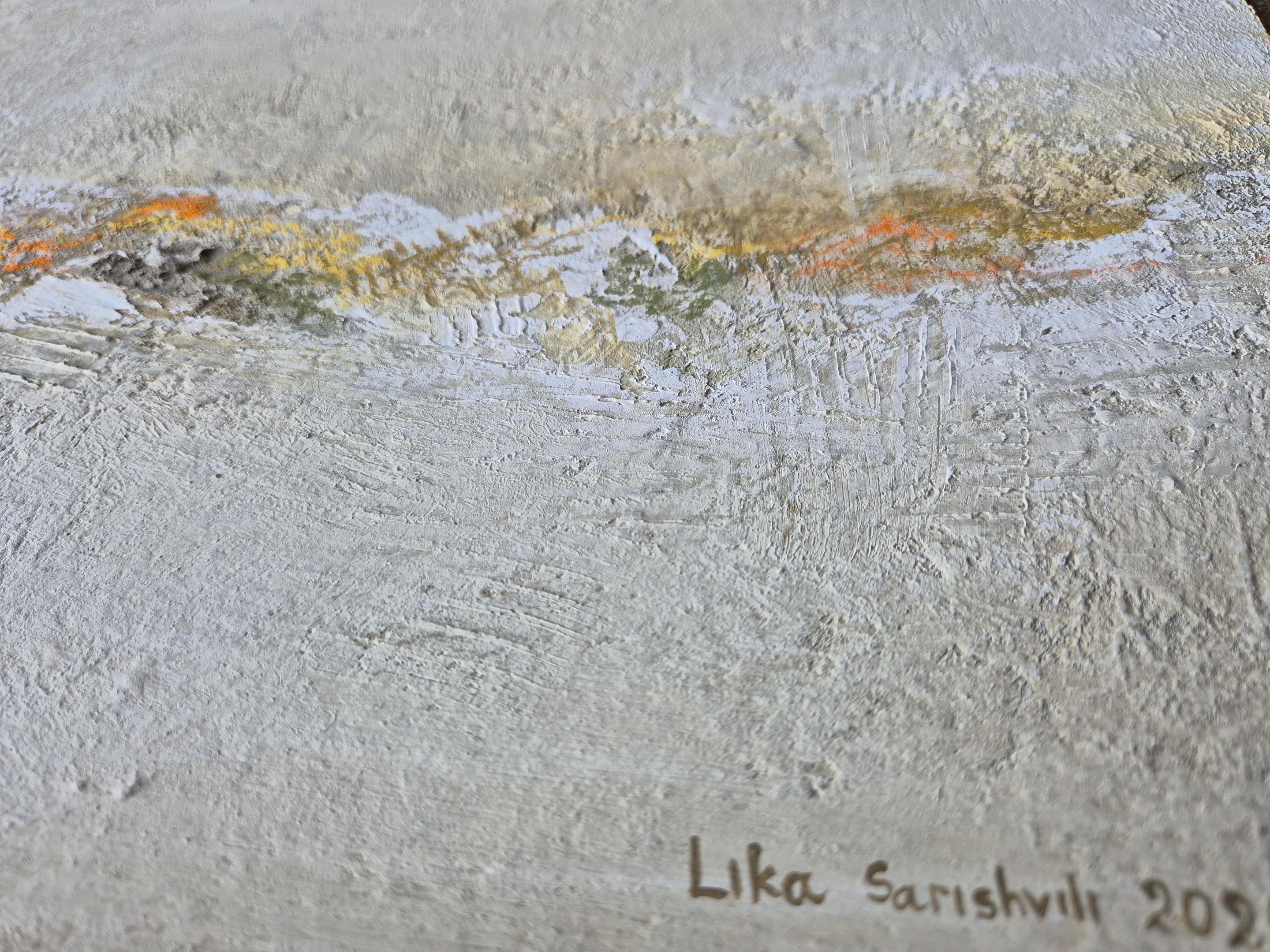 A textured abstract painting featuring a horizontal band of warm colors against a rough, neutral background.
