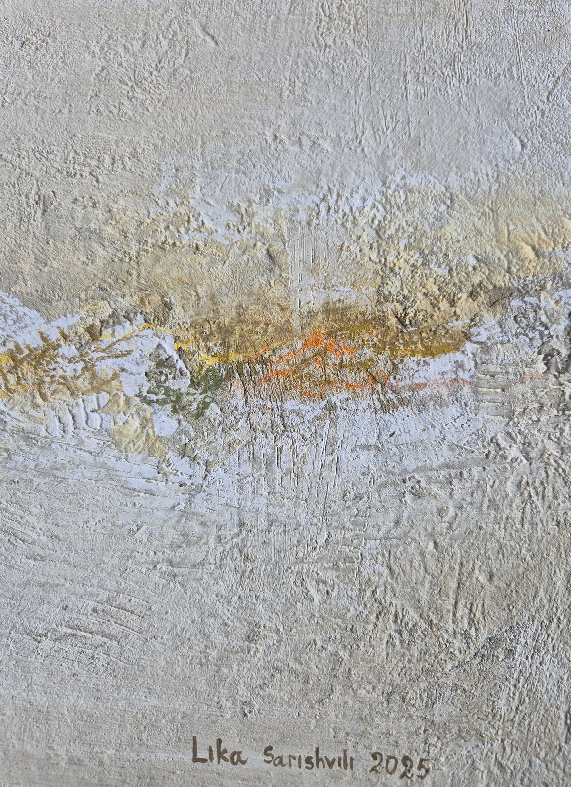 A textured abstract painting featuring a horizontal band of warm colors against a rough, neutral background.