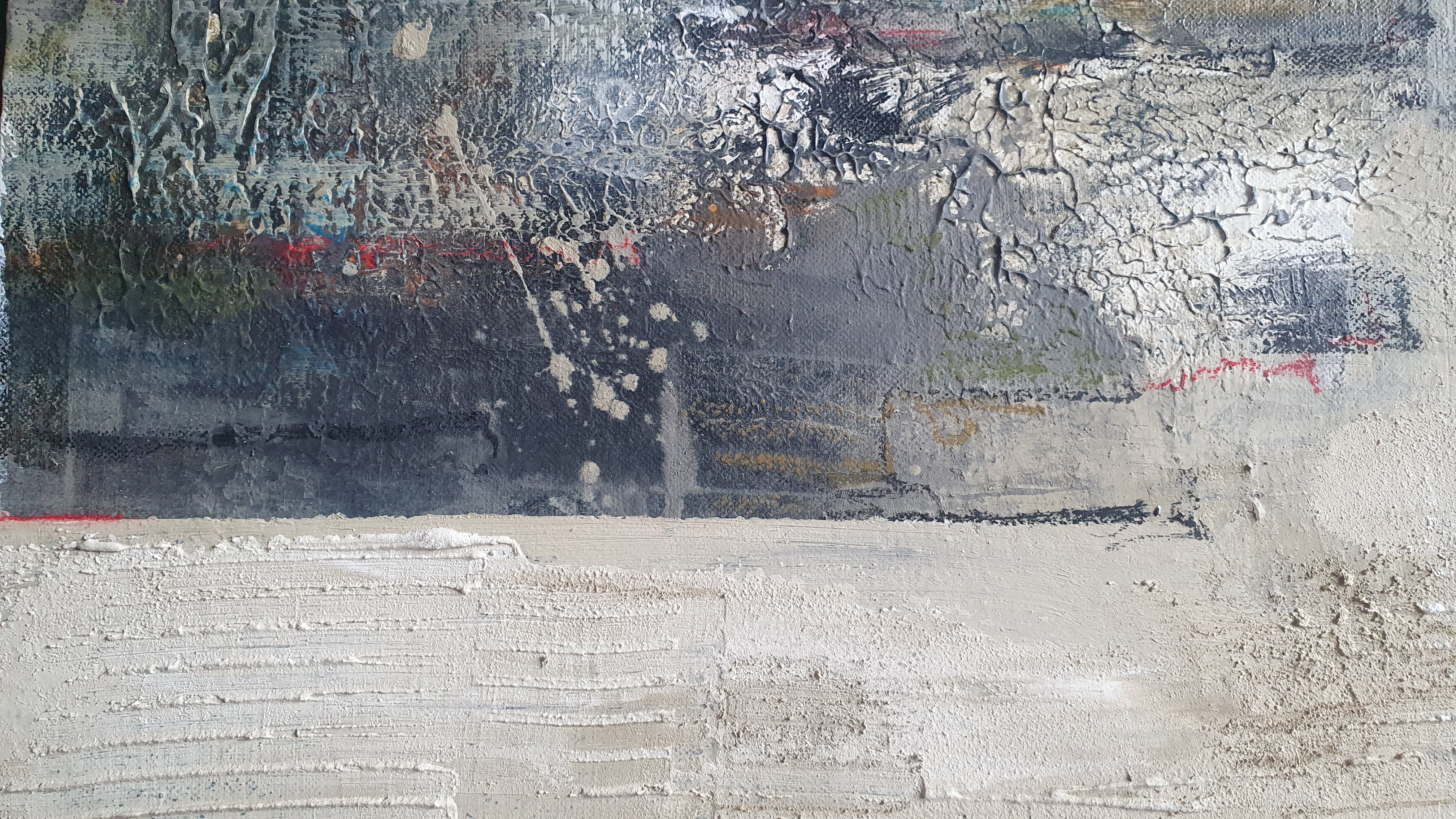 An abstract composition featuring layered horizontal bands of muted earth tones and textured surfaces.