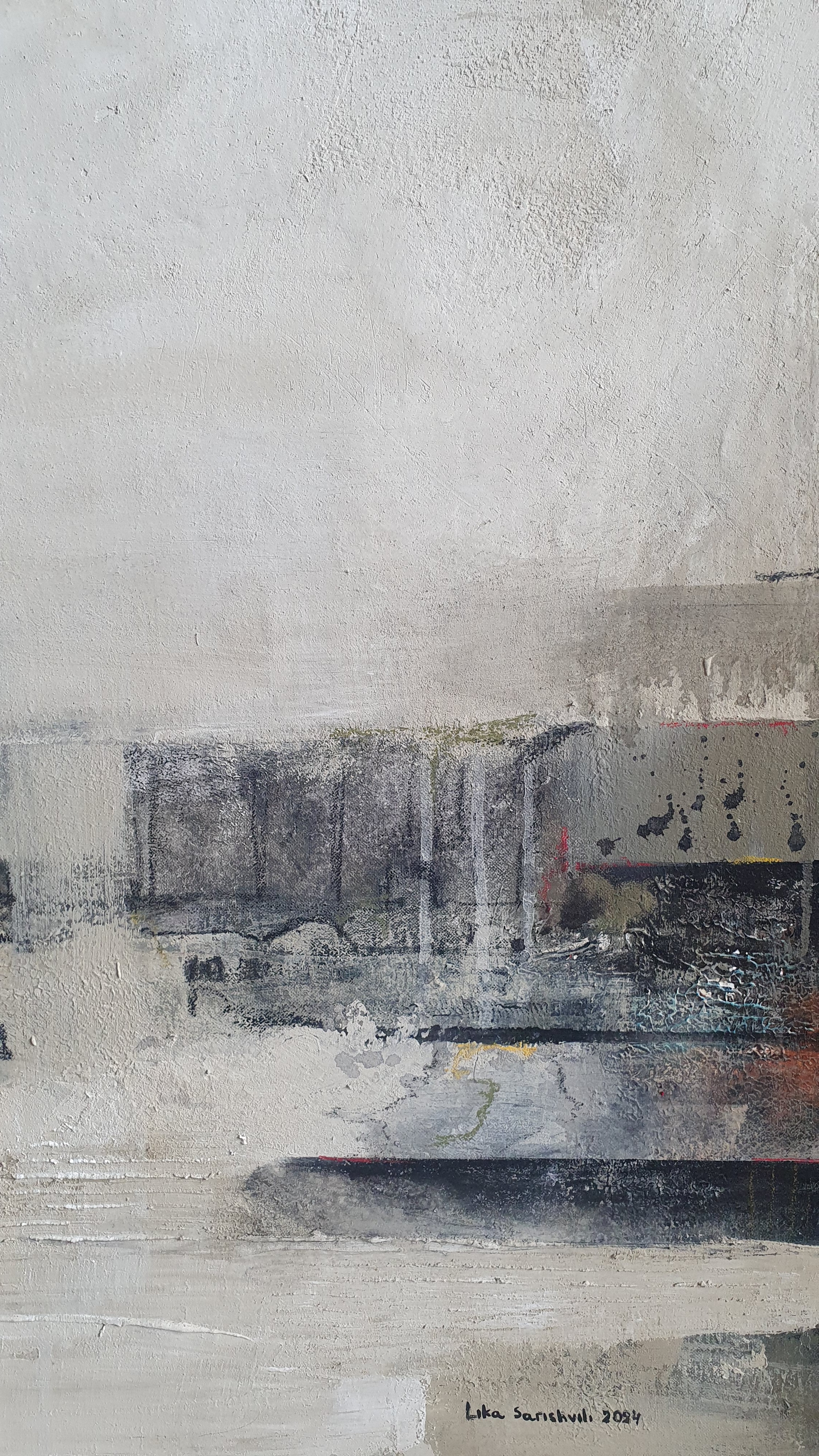 An abstract composition featuring layered horizontal bands of muted earth tones and textured surfaces.