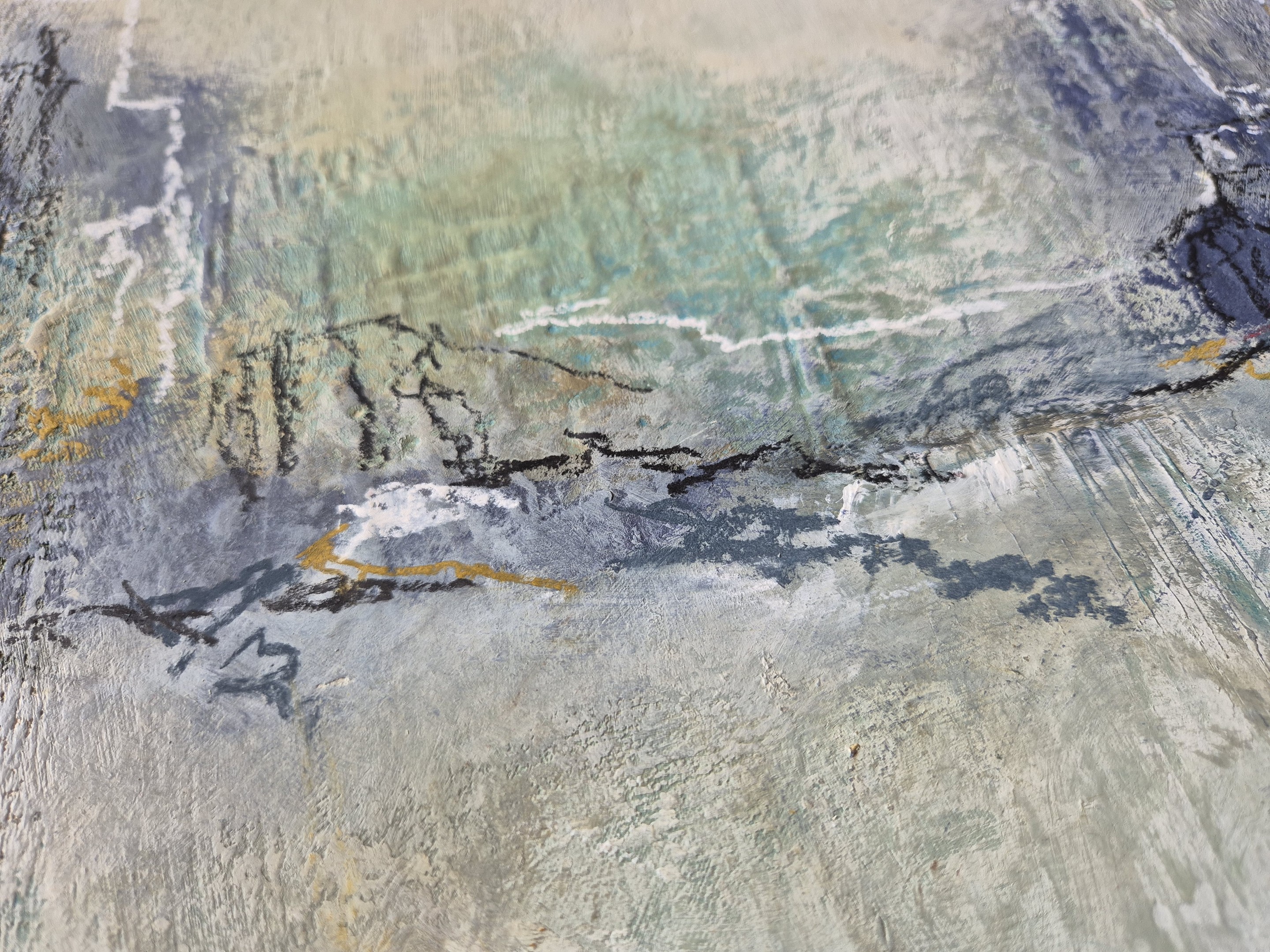 An abstract textured painting featuring a muted palette of grey, blue, and yellow with visible brushstrokes.