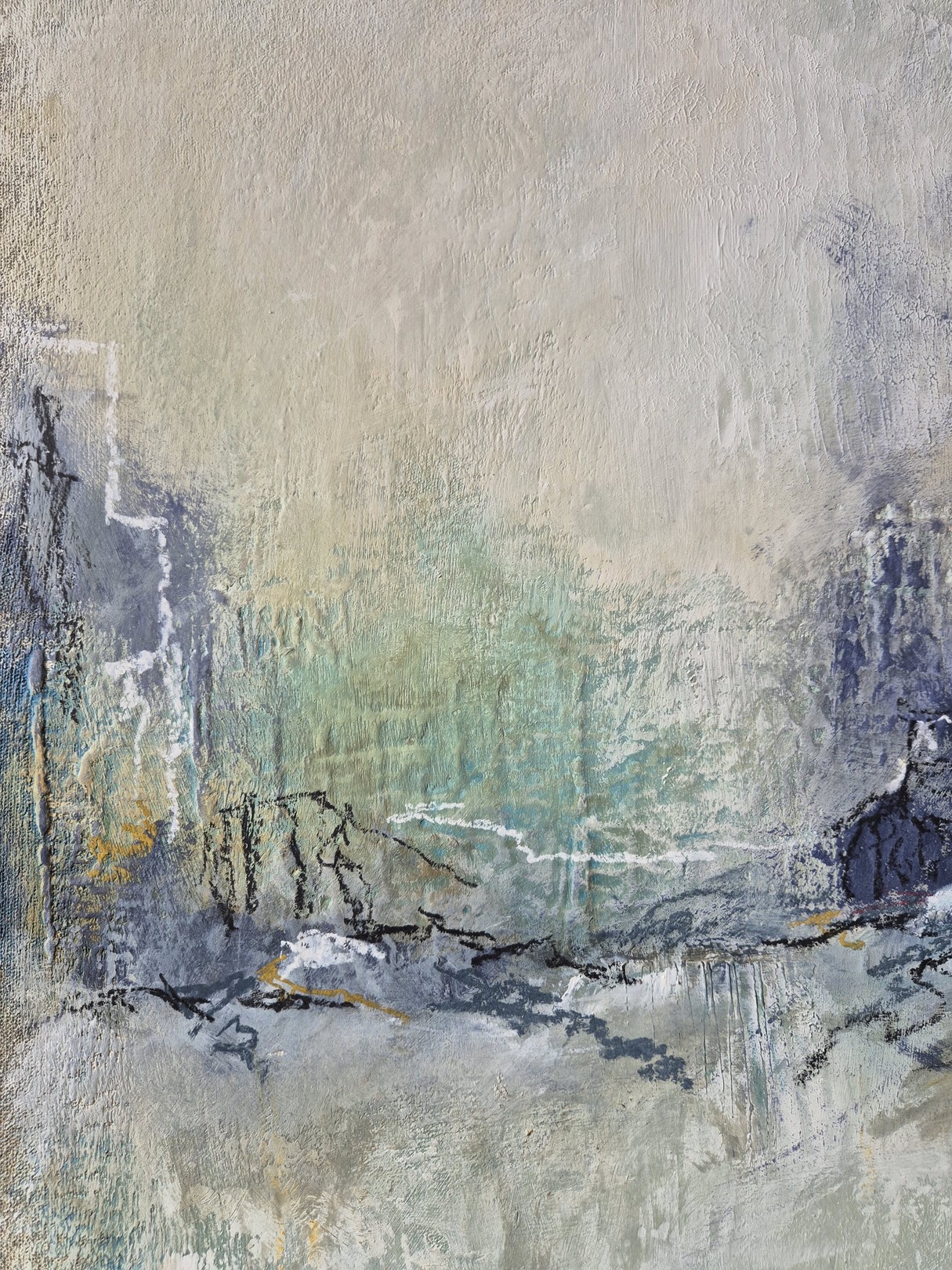 An abstract textured painting featuring a muted palette of grey, blue, and yellow with visible brushstrokes.