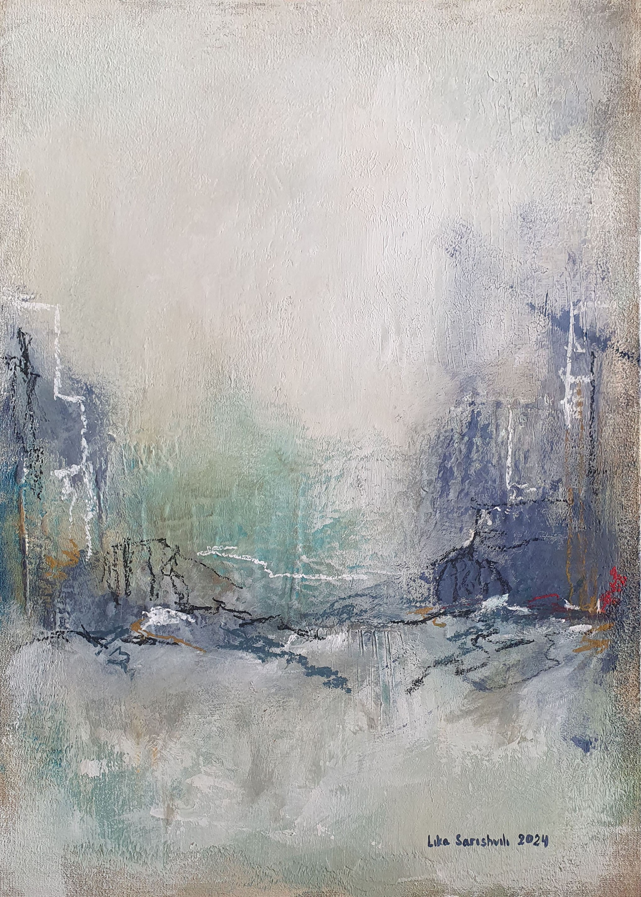 An abstract textured painting featuring a muted palette of grey, blue, and yellow with visible brushstrokes.