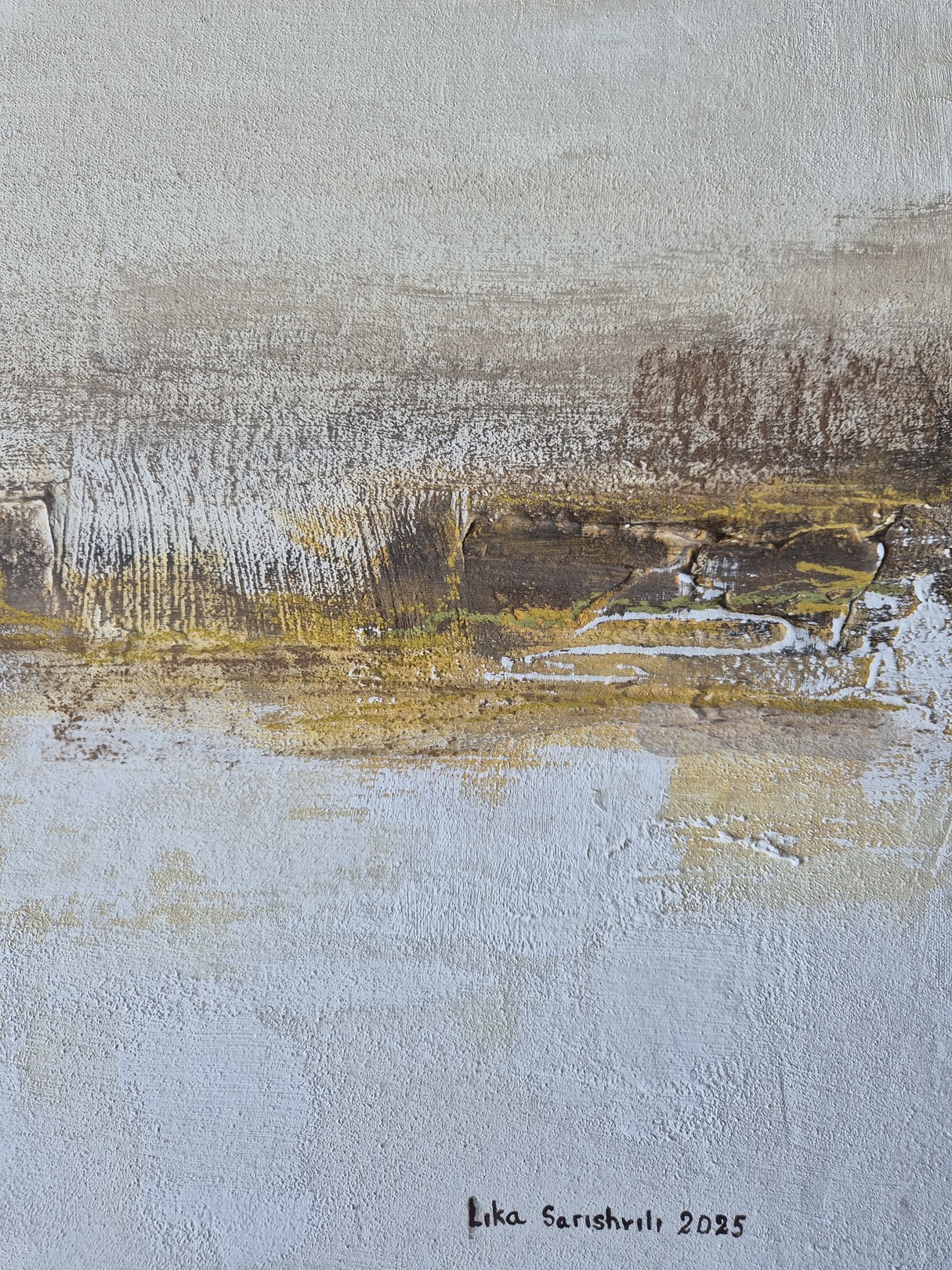 An abstract textured surface with layered earthy tones and white highlights.
