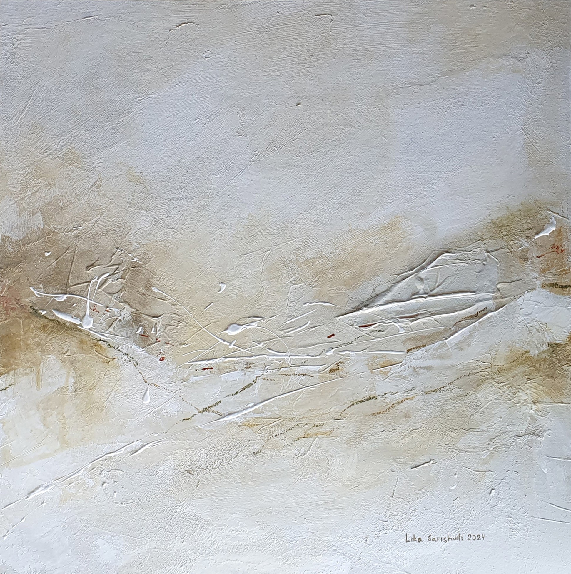 An abstract textured surface featuring thick impasto paint in earthy tones with white drips.