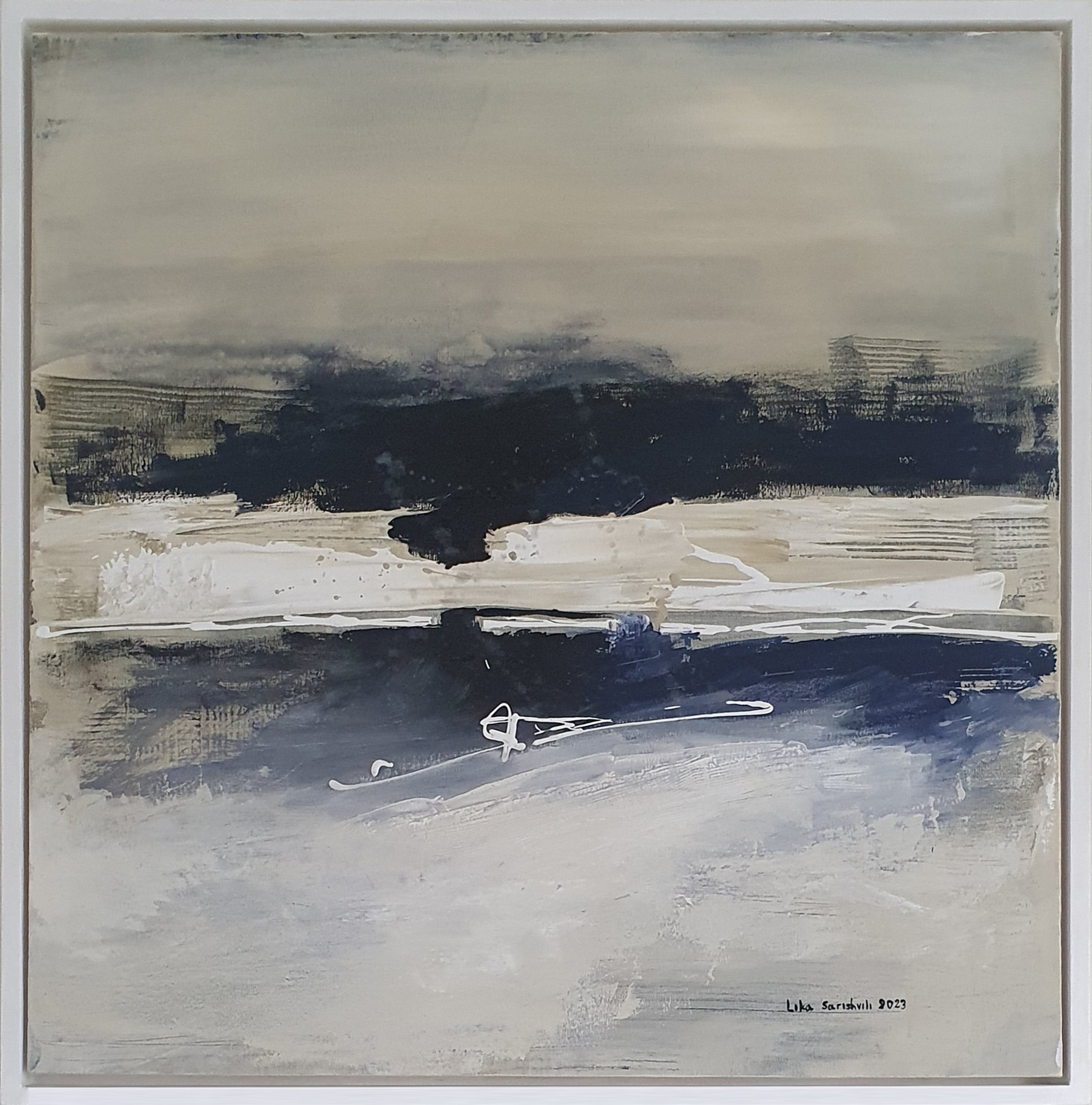 A moody abstract landscape painting featuring layered horizontal bands of muted earth tones and deep blues.