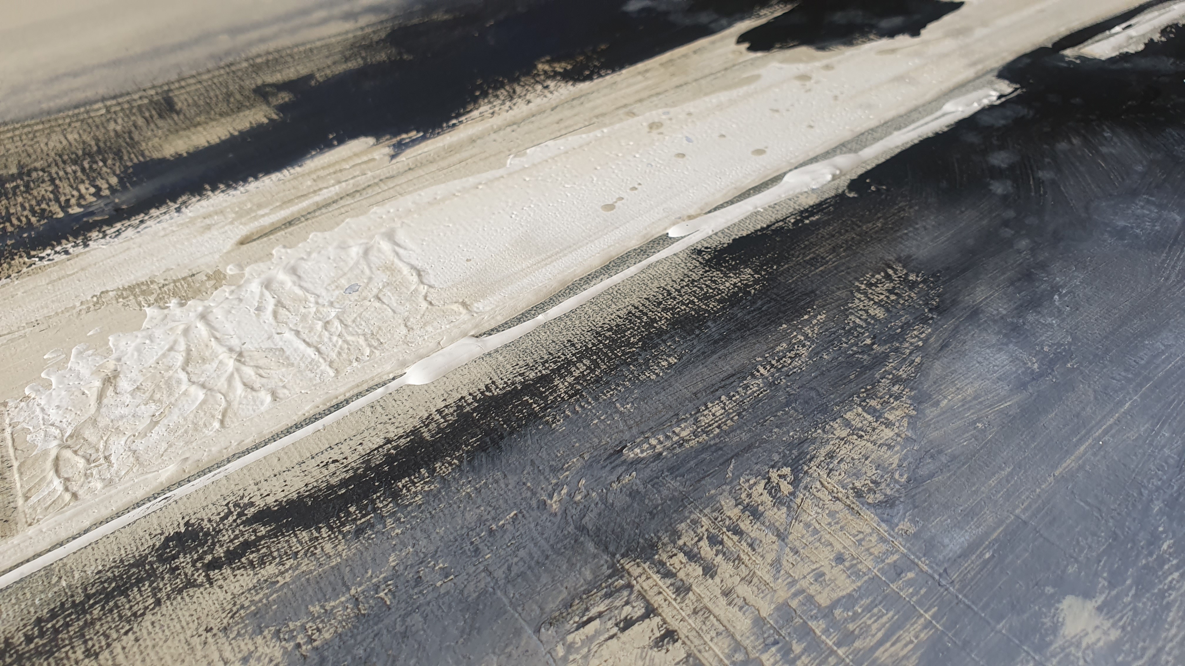 A moody abstract landscape painting featuring layered horizontal bands of muted earth tones and deep blues.