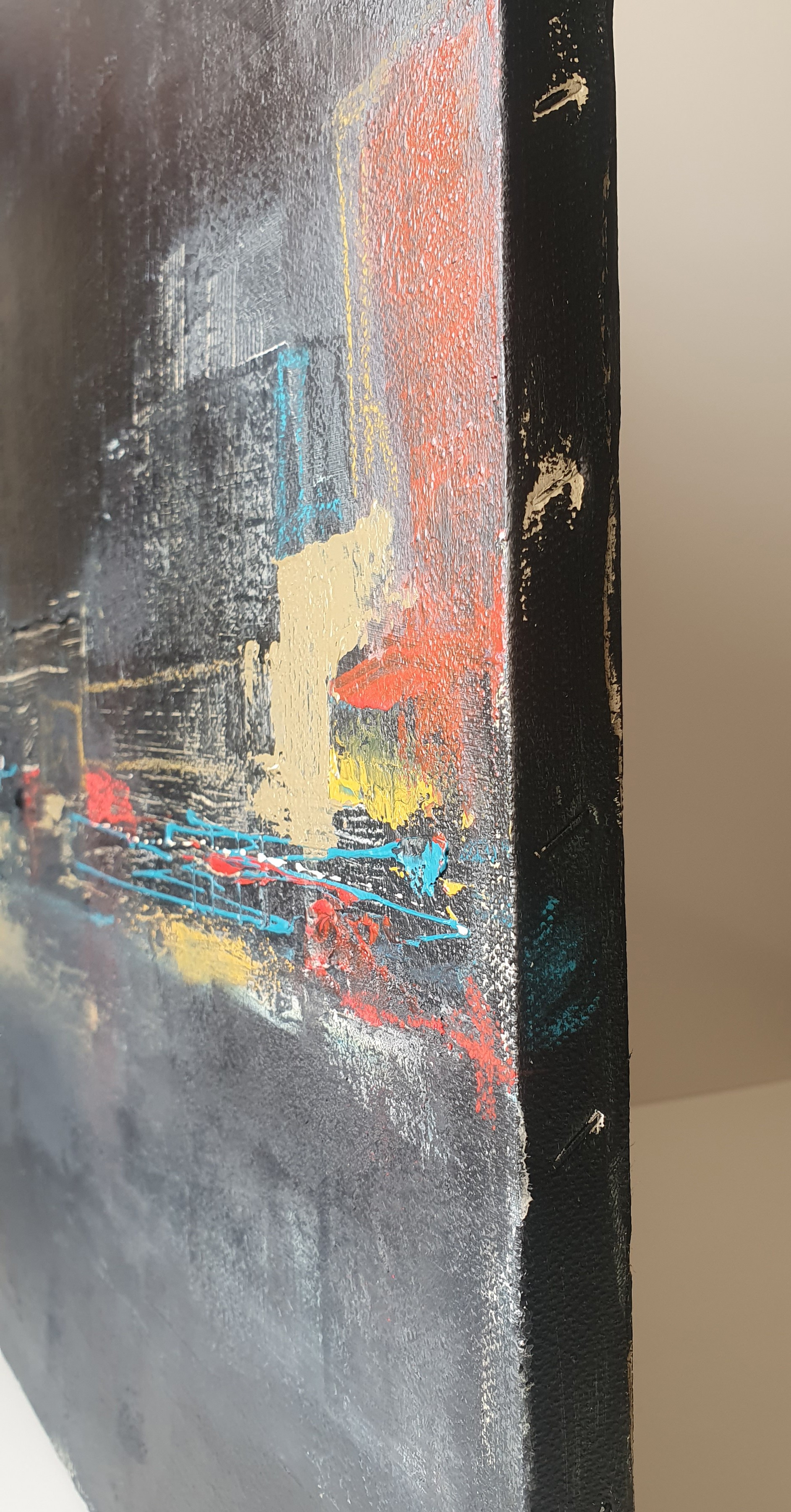 An abstract expressionist painting featuring bold, layered brushstrokes in a vibrant palette against a dark background.
