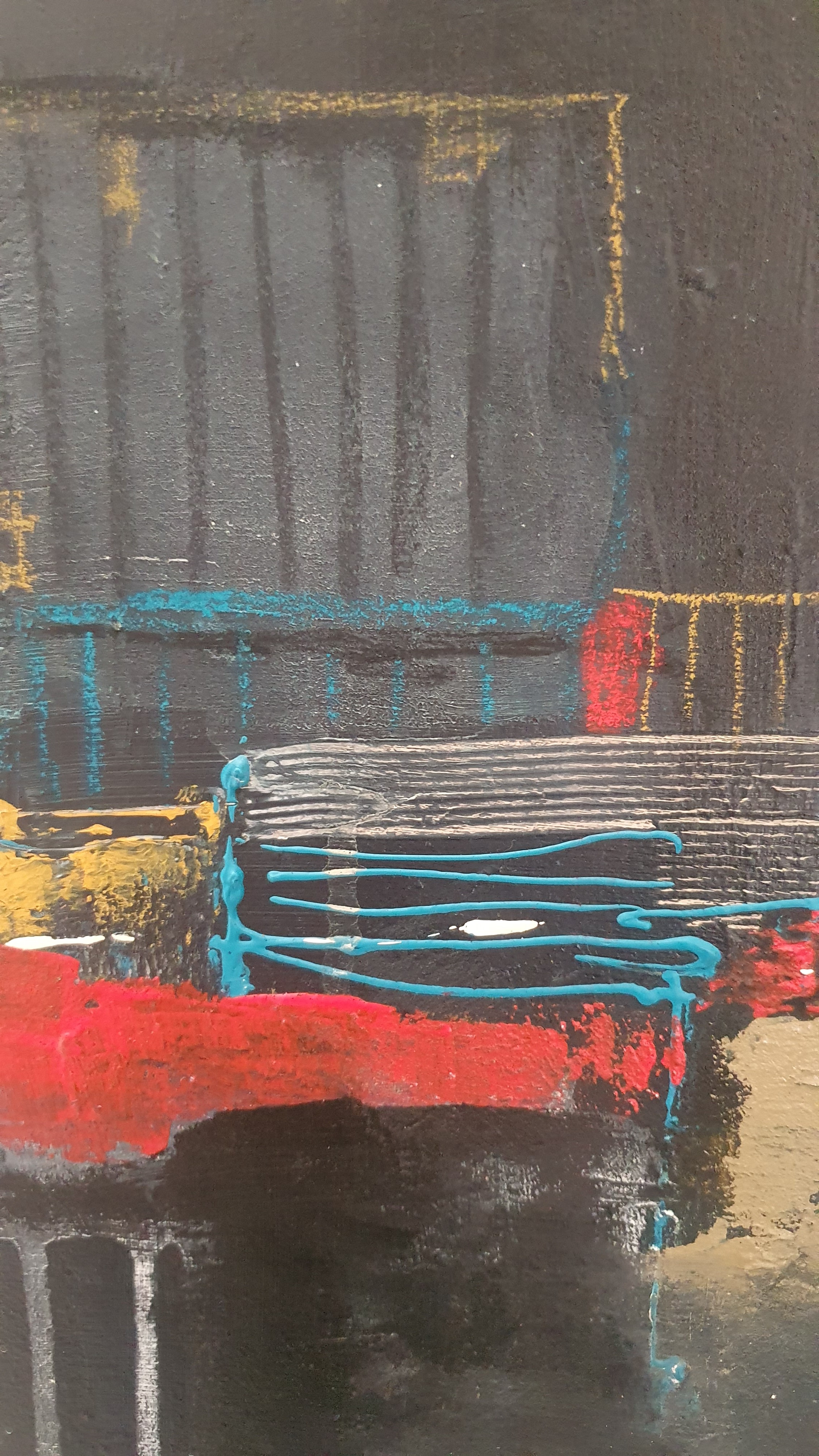 An abstract expressionist painting featuring bold, layered brushstrokes in a vibrant palette against a dark background.