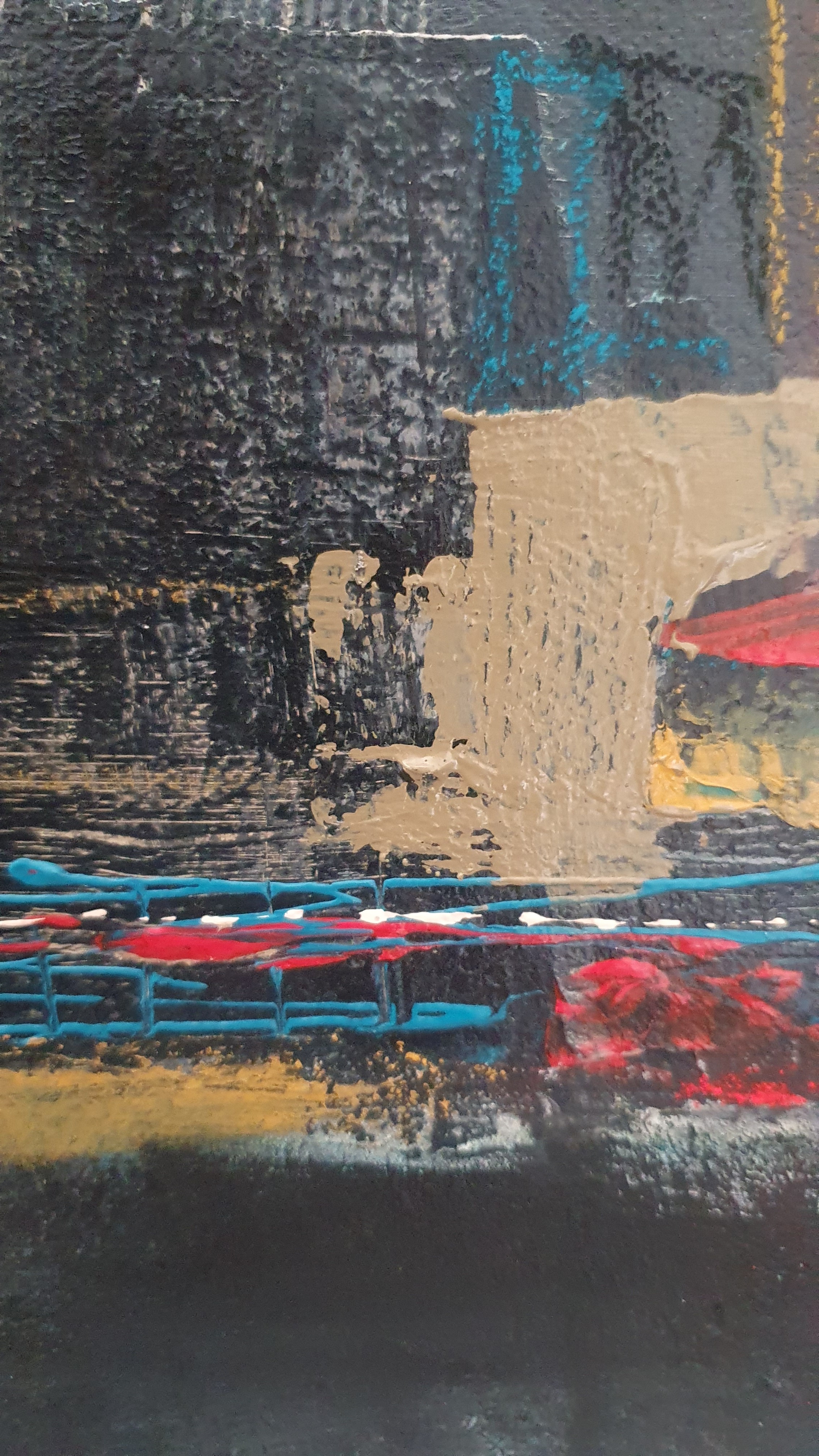 An abstract expressionist painting featuring bold, layered brushstrokes in a vibrant palette against a dark background.