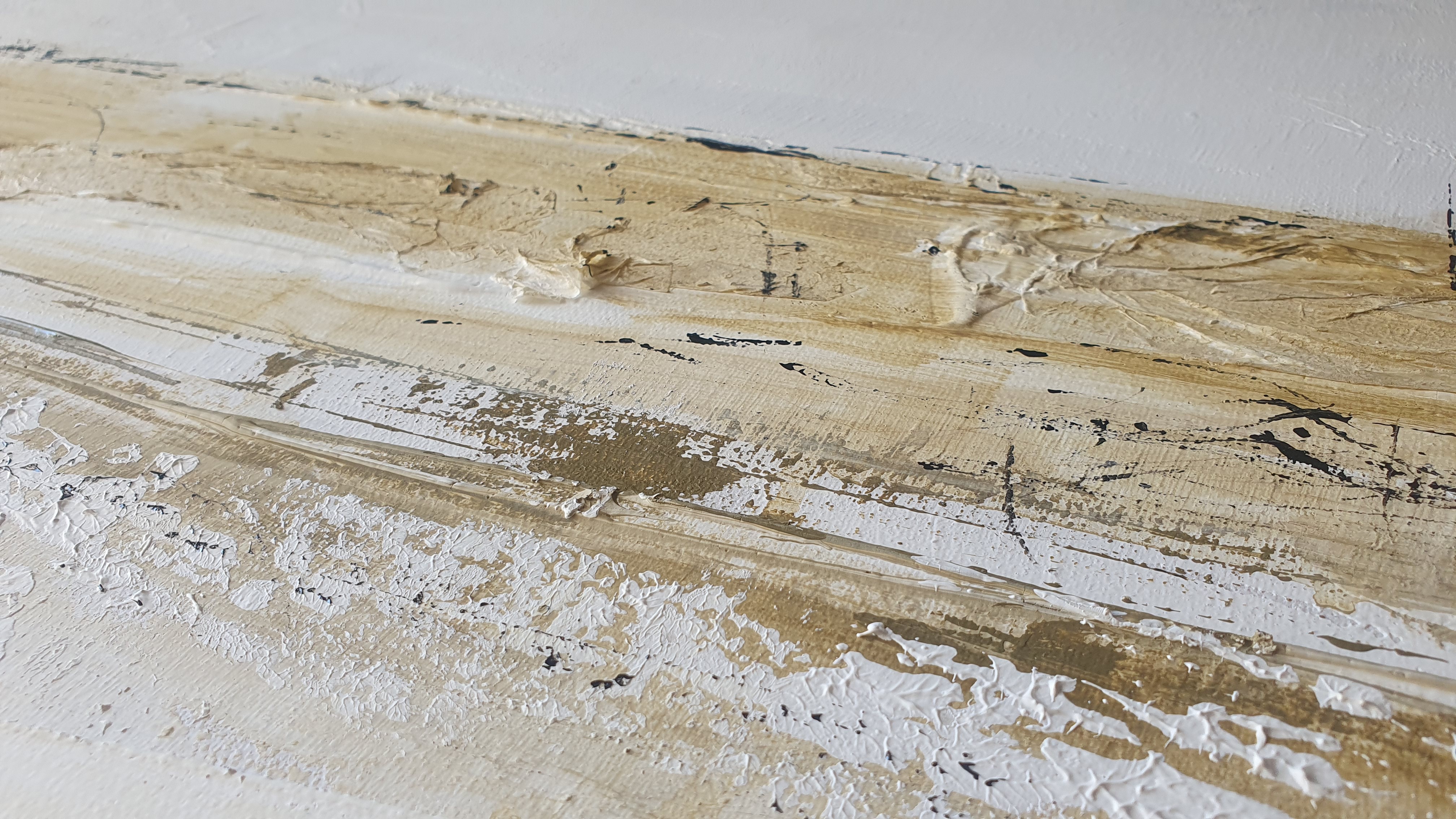 A minimalist abstract landscape painting featuring horizontal bands of earthy tones against a pale background.