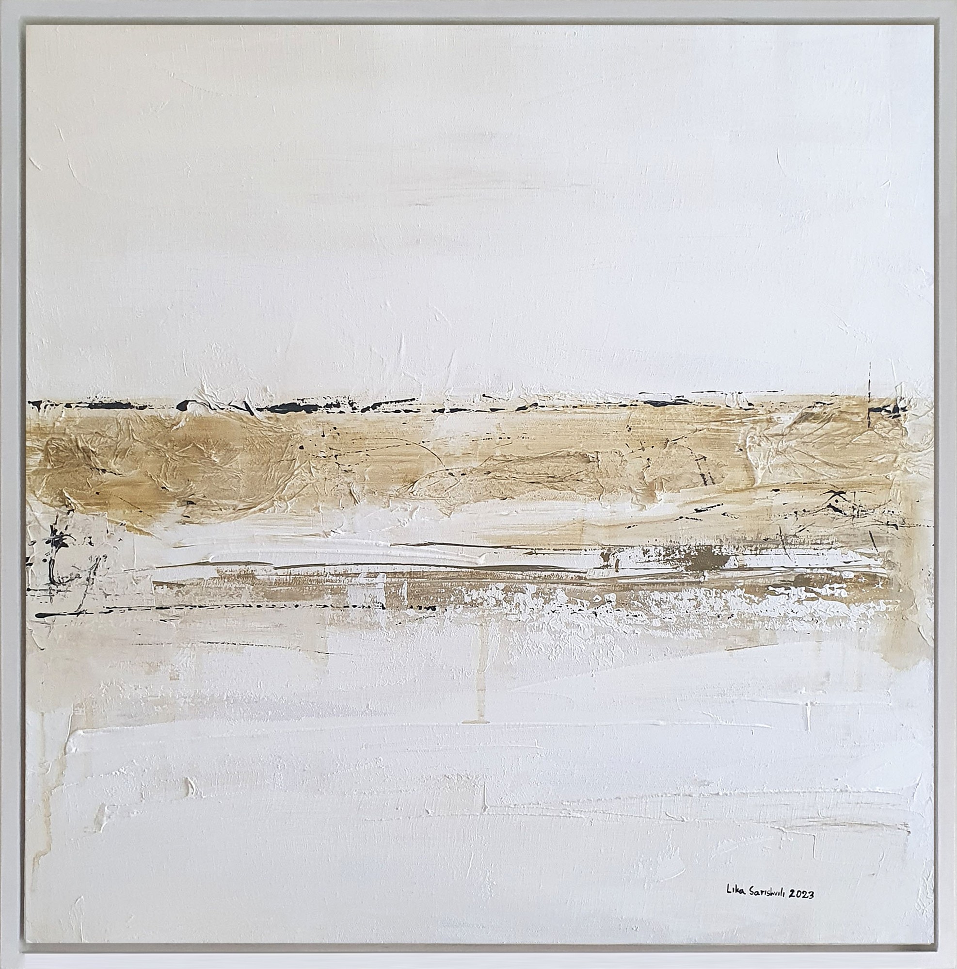 A minimalist abstract landscape painting featuring horizontal bands of earthy tones against a pale background.