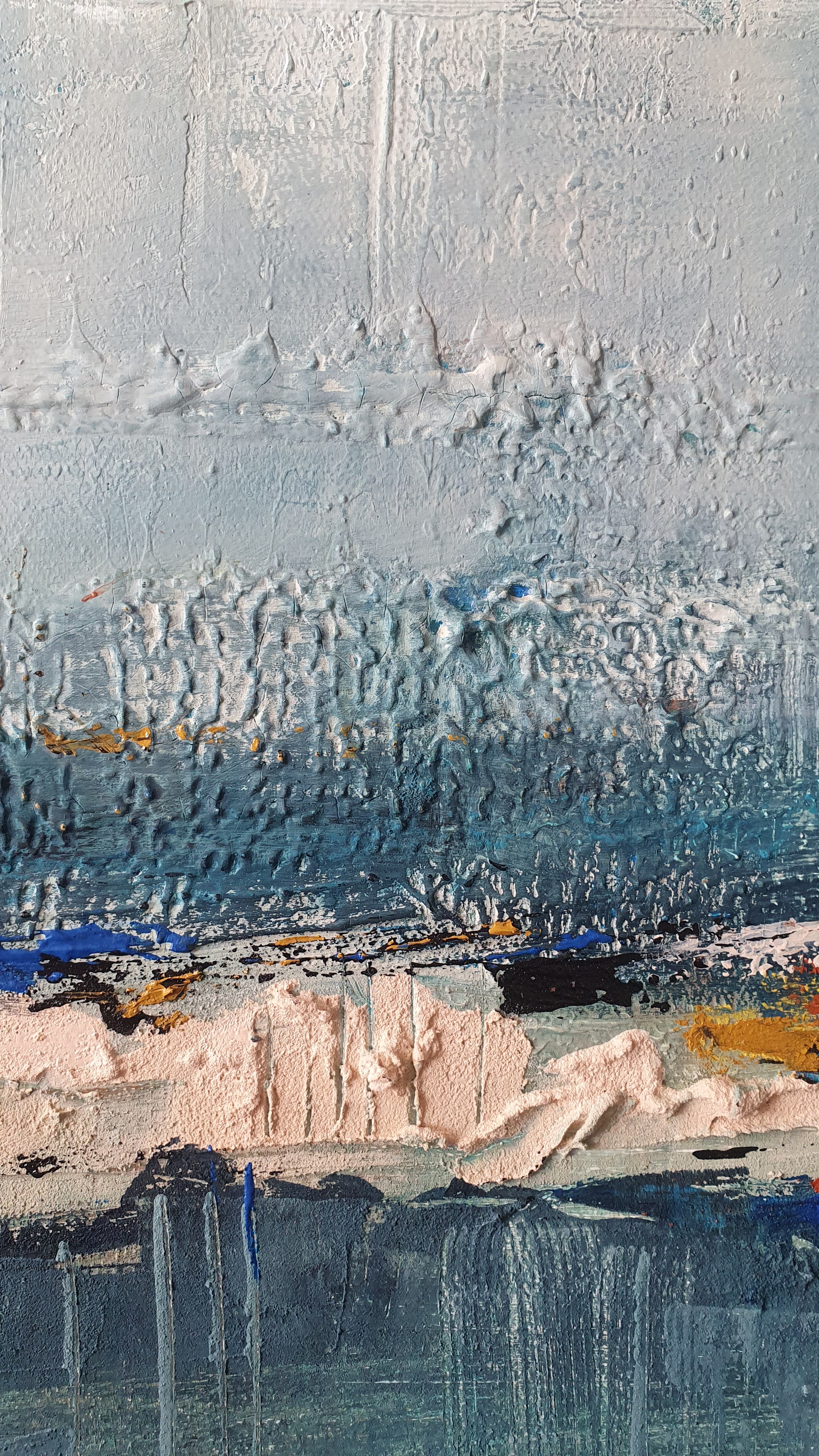An abstract landscape featuring a rugged coastline with textured brushwork and a cool color palette.