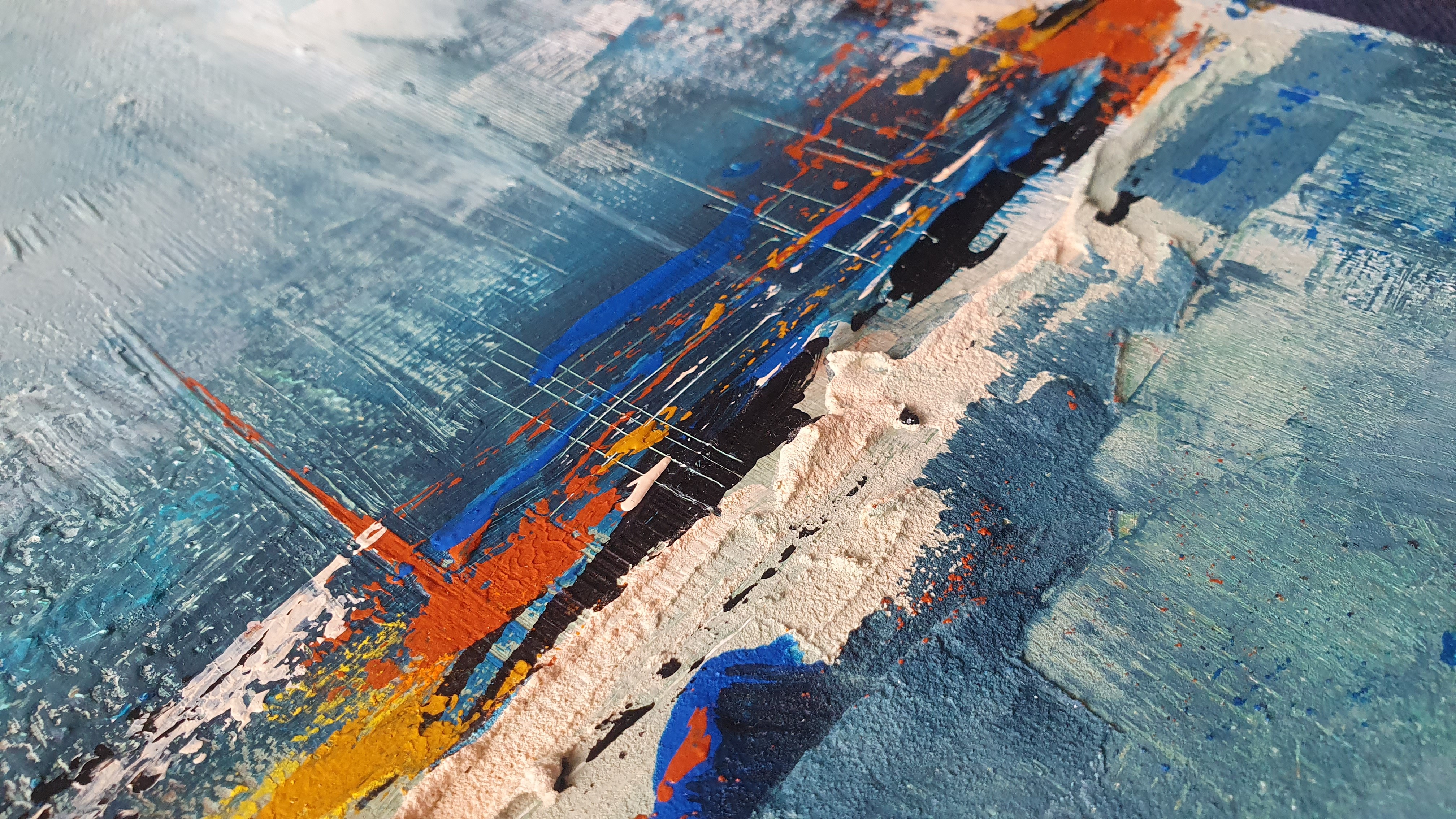 An abstract landscape featuring a rugged coastline with textured brushwork and a cool color palette.