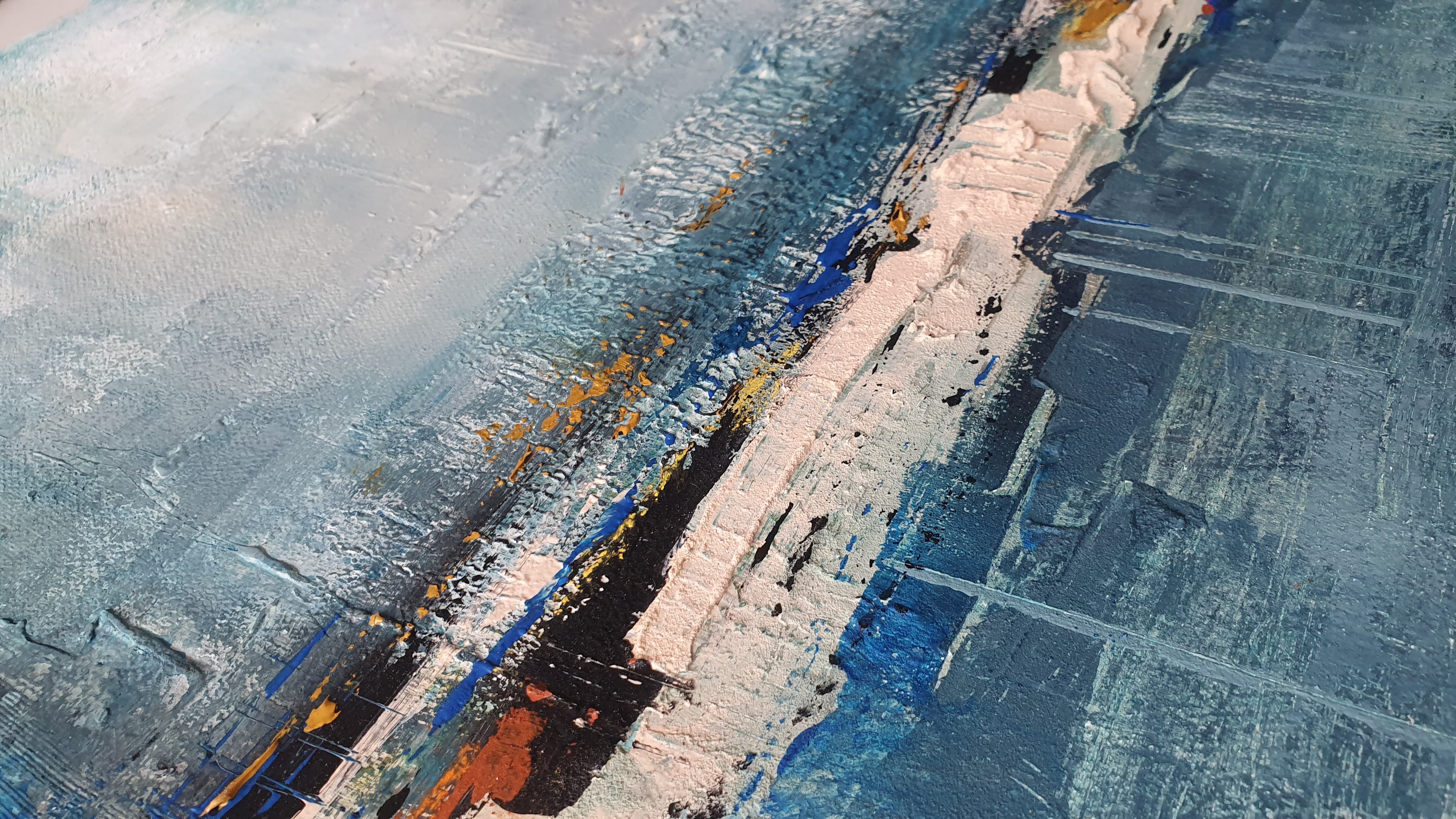 An abstract landscape featuring a rugged coastline with textured brushwork and a cool color palette.