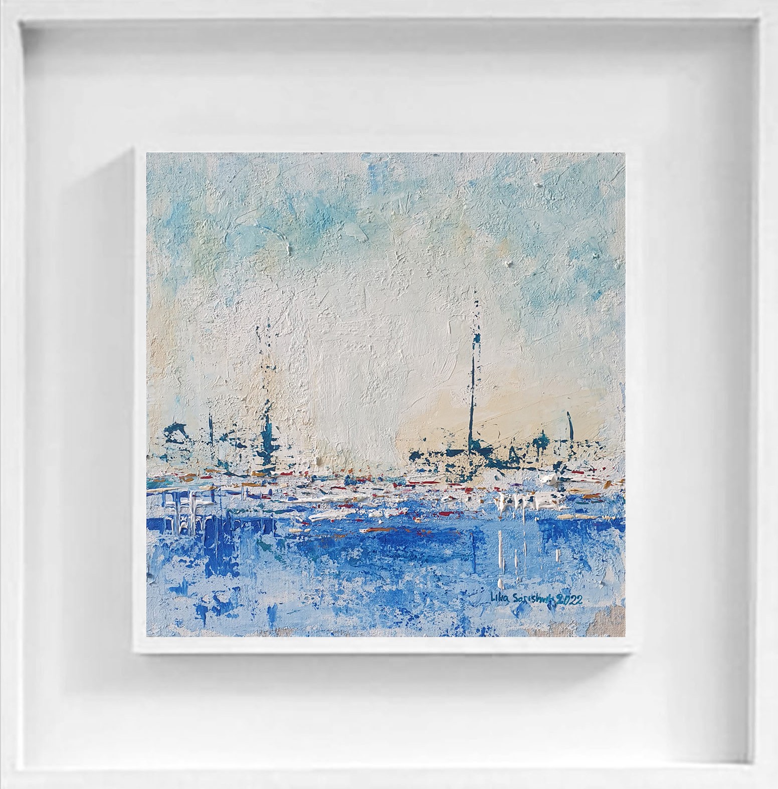 A textured seascape painting featuring a harbor scene with boats under a cloudy sky.