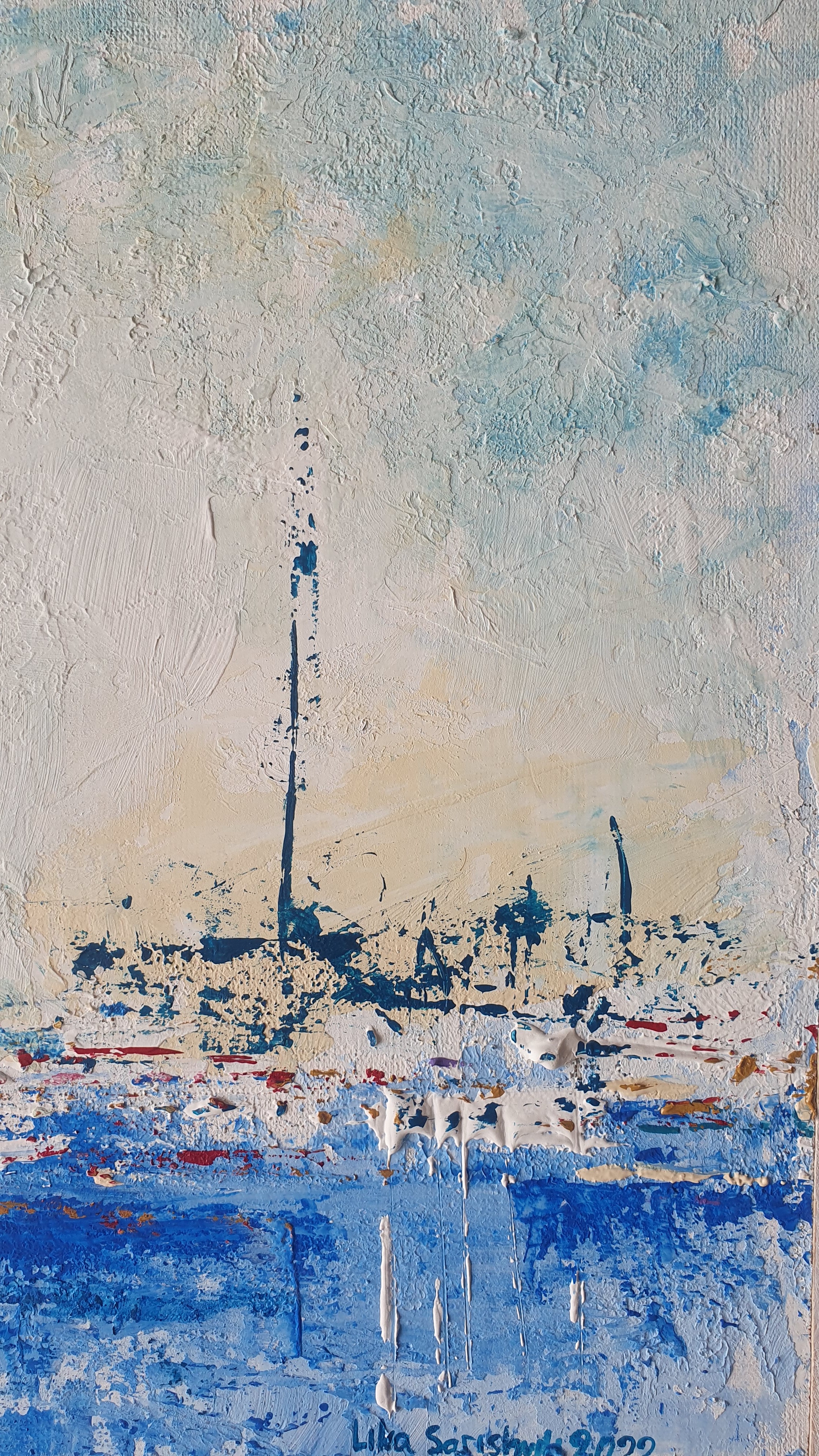 A textured seascape painting featuring a harbor scene with boats under a cloudy sky.