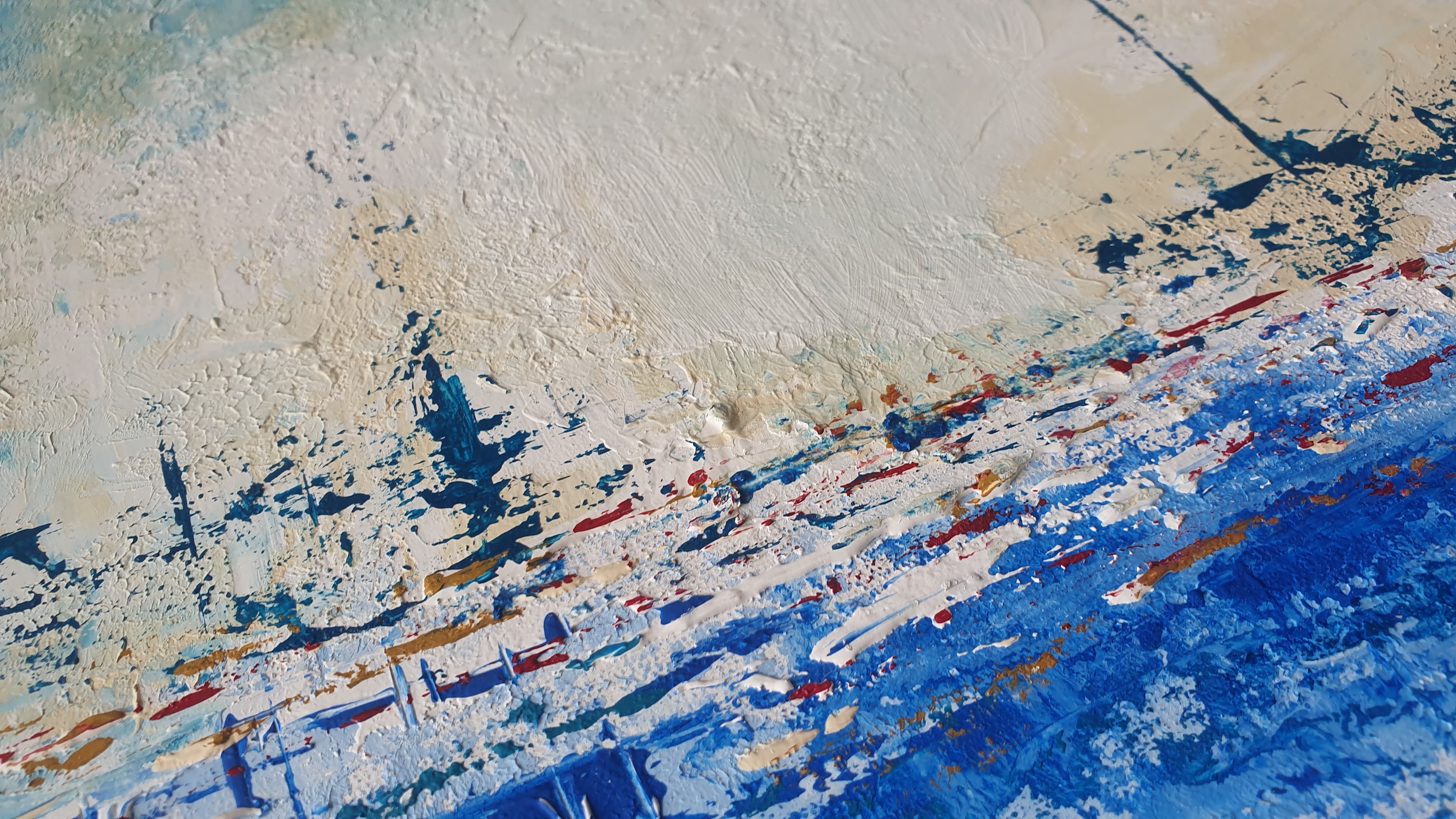 A textured seascape painting featuring a harbor scene with boats under a cloudy sky.